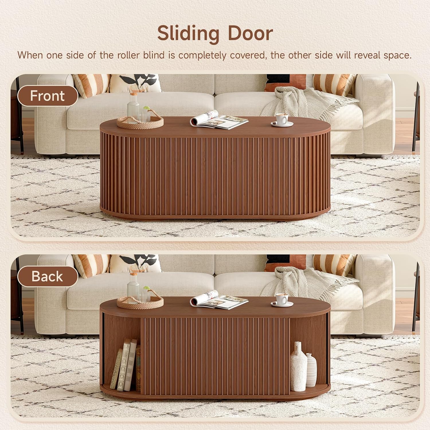 ONBRILL 47' Multi-Functional Coffee Table with Storage, Oval Coffee Table with Vertical Striped Sliding Door & Round Base, Mid-Century Modern Center Table with Adjustable Shelf for Living Room, Walnut