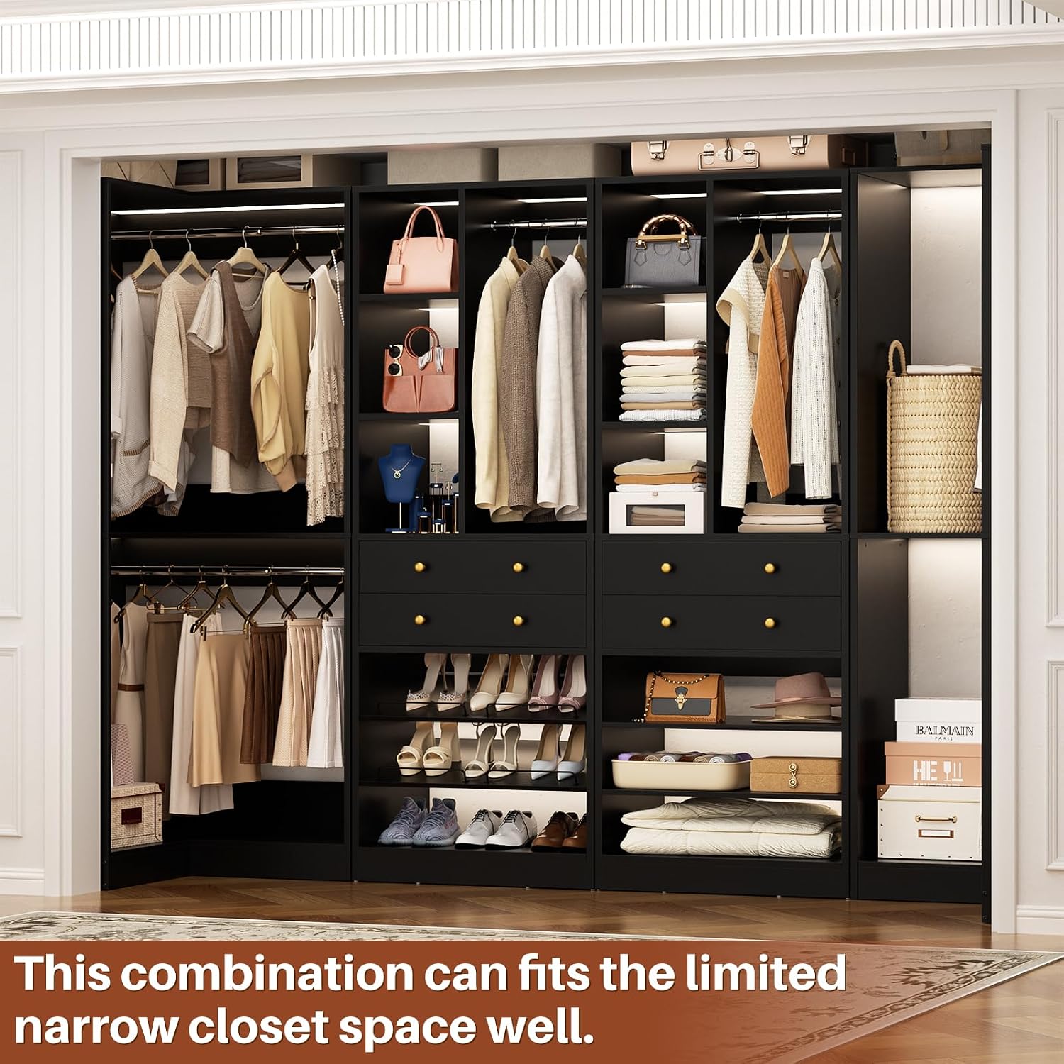 Besiost Closet System with 4 Drawers & Corner Tower, Closet Organizer System with 4 Hanging Robs, Reversible U Shaped Walk-in Closet System, Load 2600+LBS Capacity, Set of 4, Black