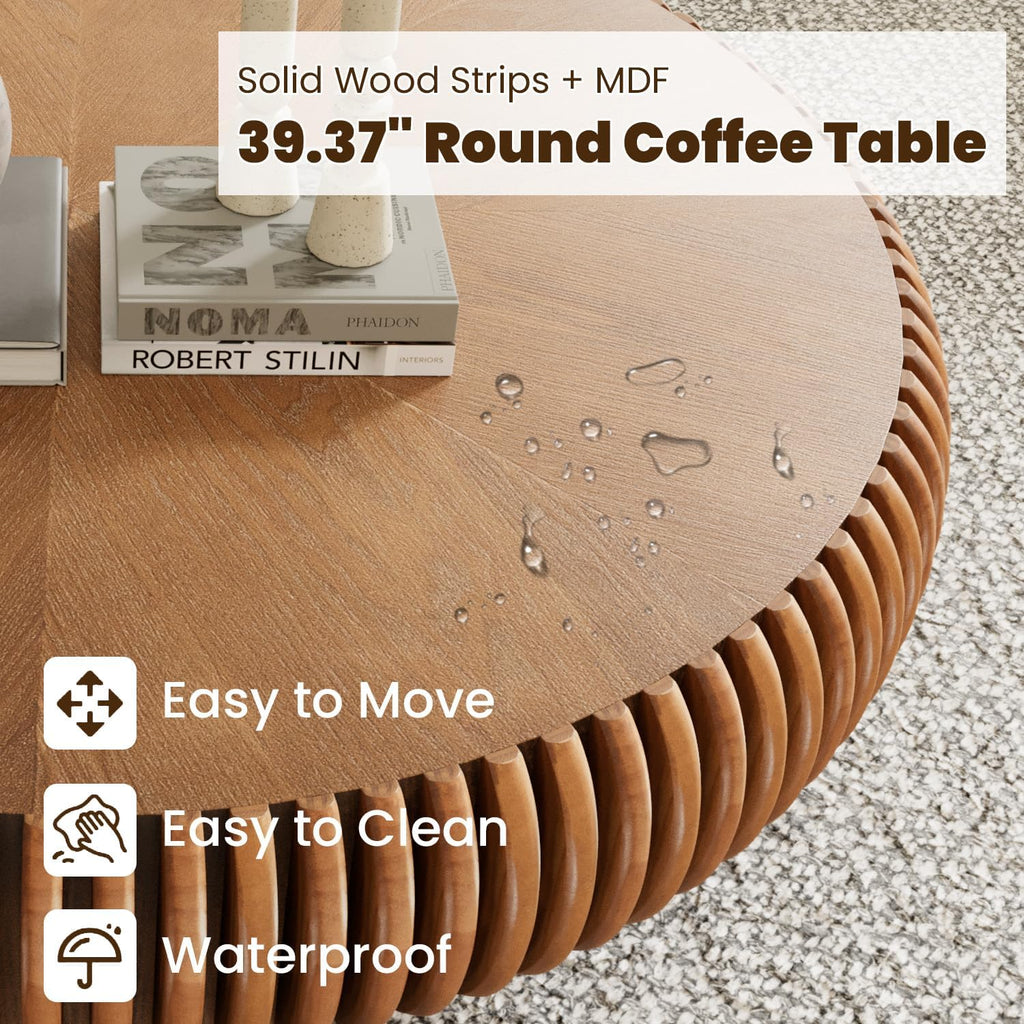 39.3' Drum Coffee Table Modern Unique Fluted Tea Table Contemporary Wood Round Coffee Table with Fluted Centry Table for Living Room Walnut (39.3' Brown)
