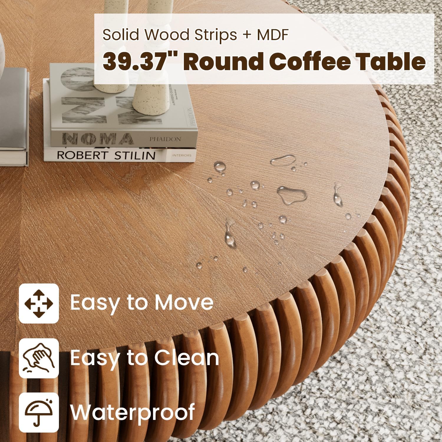 39.3' Drum Coffee Table Modern Unique Fluted Tea Table Contemporary Wood Round Coffee Table with Fluted Centry Table for Living Room Walnut (39.3' Brown)