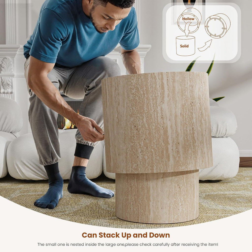 Round Wood Coffee Table Set of 2 Modern Circle Travertine Nesting Coffee Tables Handcrafted Drum End/Side Tables Sets for Living Room for Small Space (Travertine (D18.2+D14.6 inch))