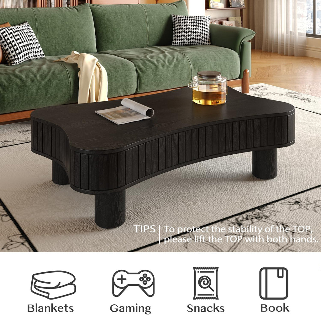 42' Cloud Fluted Lift Top Coffee Table with Hidden & Open Storage, Modern Center Table with Hydraulic Raising Mechanism, Irregular Shape Tea Table with Curved Safety Corners, Black