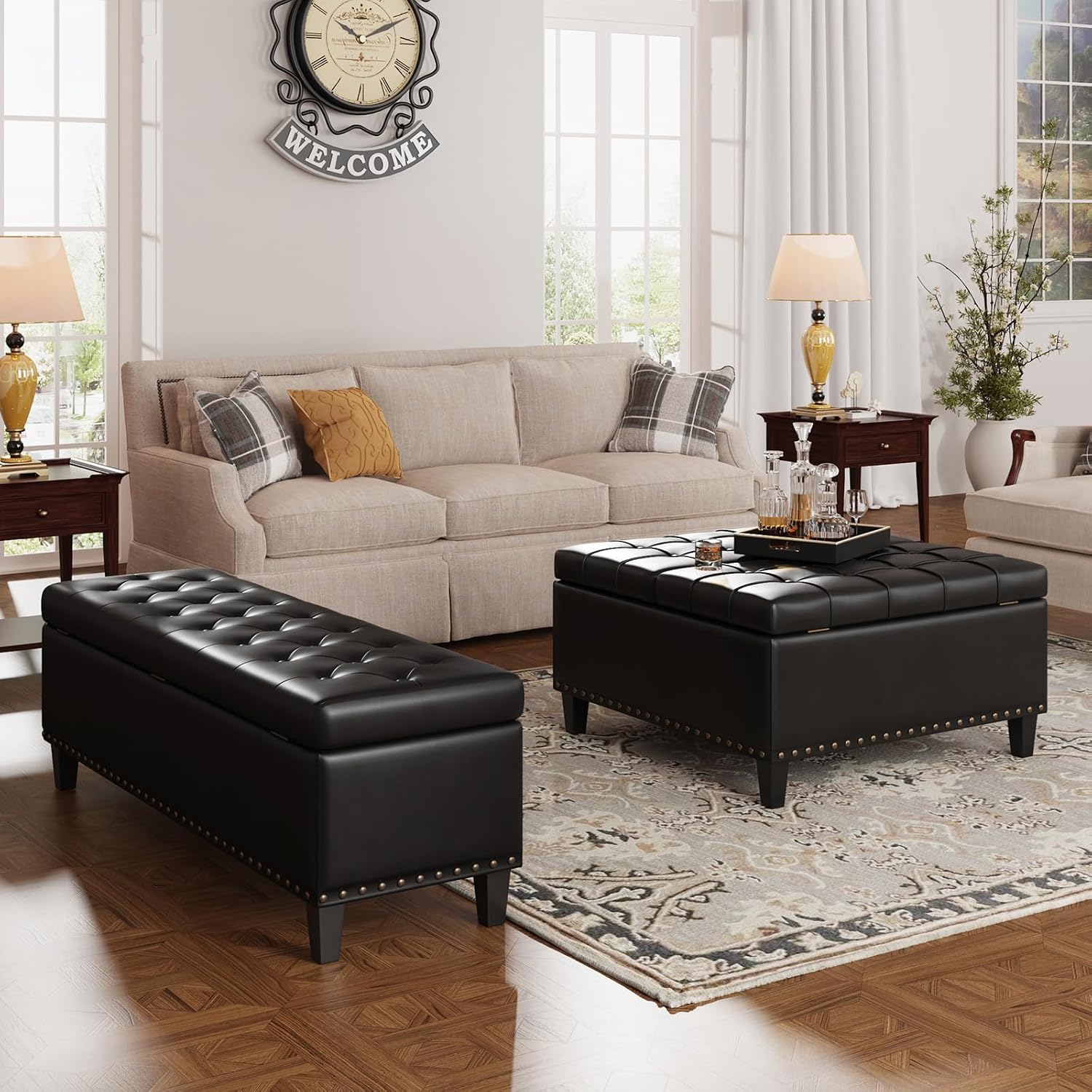 FiveWillowise Square Leather Ottoman with Storage, Faux Leather Coffee Table with Lift Top,Large Upholstered Footrest Stool Toy Box Storage Bench for Bedroom Living Room, Black