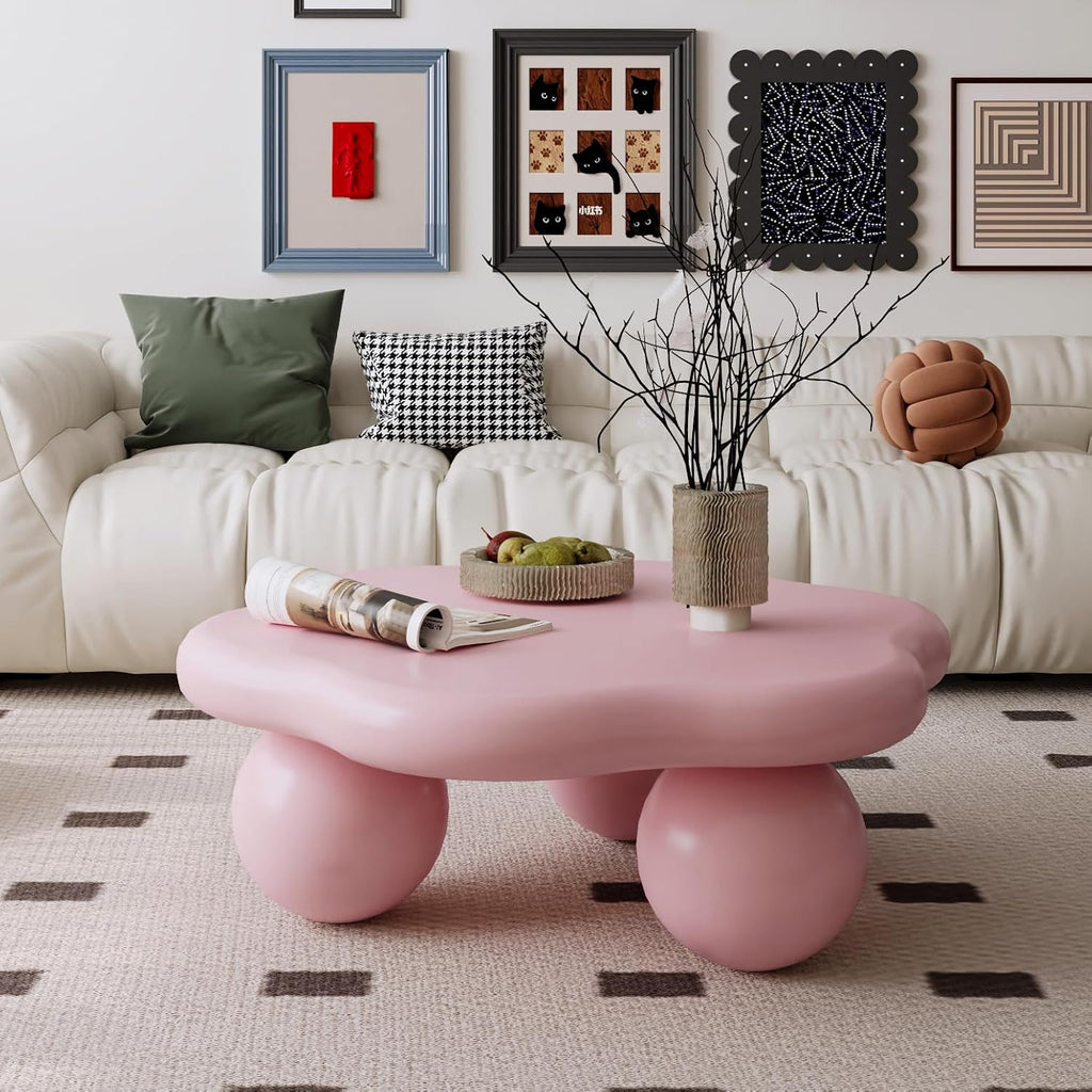 35.03' Cloud Coffee Table for Living Room Unique Coffee Table Modern Low Coffee Tables Cute Center Table with 3 Ball Legs for Small Space Apartment Cream Flower-Pink