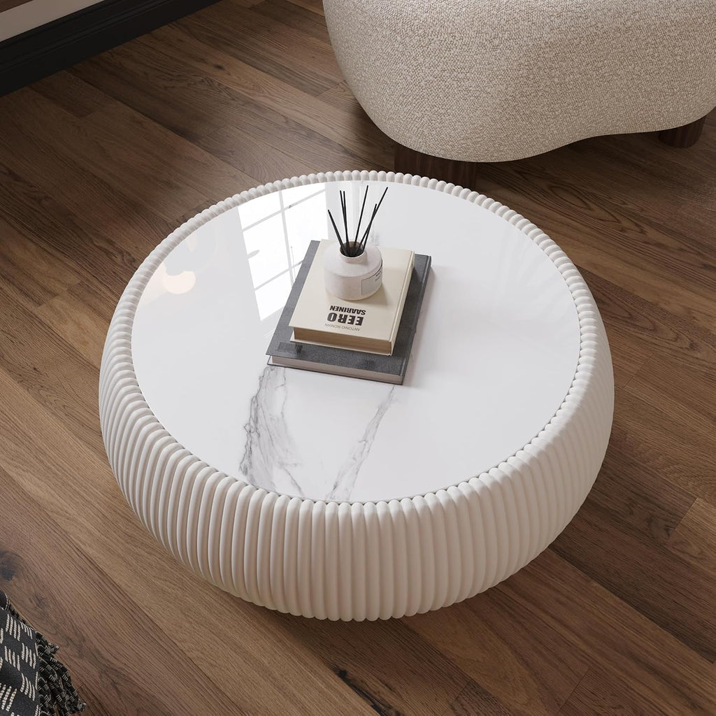 White Round Coffee Table with Sintered Stone Tabletop, 27.55' Drum Coffee Table with Fluted PU Leather Covered and Stable Base, Circle Cocktail Tea Table for Living Room