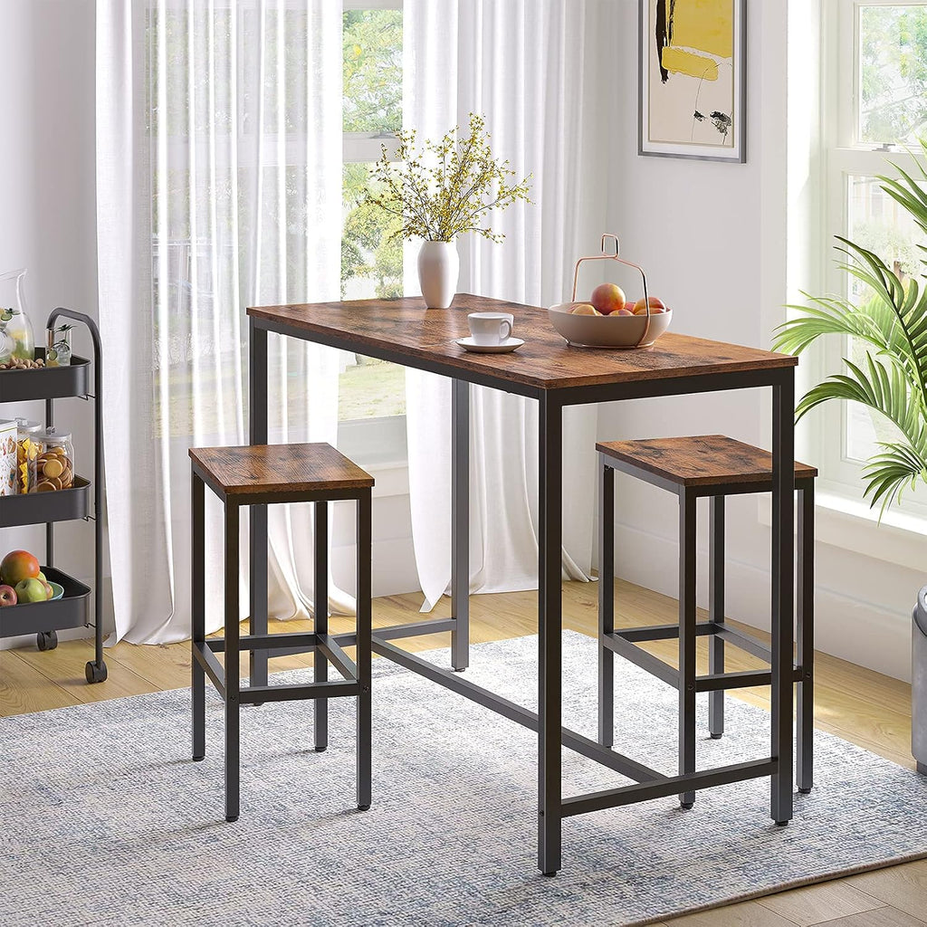 HOOBRO Bar Table and Chairs Set, 47.2' Rectangular Pub Table with 2 Stools for Small Space, High Top Table, 3-Piece Breakfast stools Set, Sturdy Metal Frame, Easy to Assemble, Rustic Brown BF52BT01