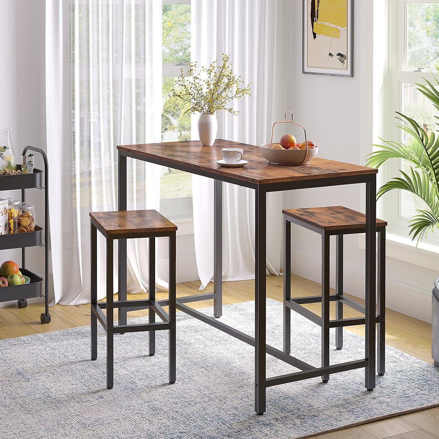 HOOBRO Bar Table and Chairs Set, 47.2' Rectangular Pub Table with 2 Stools for Small Space, High Top Table, 3-Piece Breakfast stools Set, Sturdy Metal Frame, Easy to Assemble, Rustic Brown BF52BT01