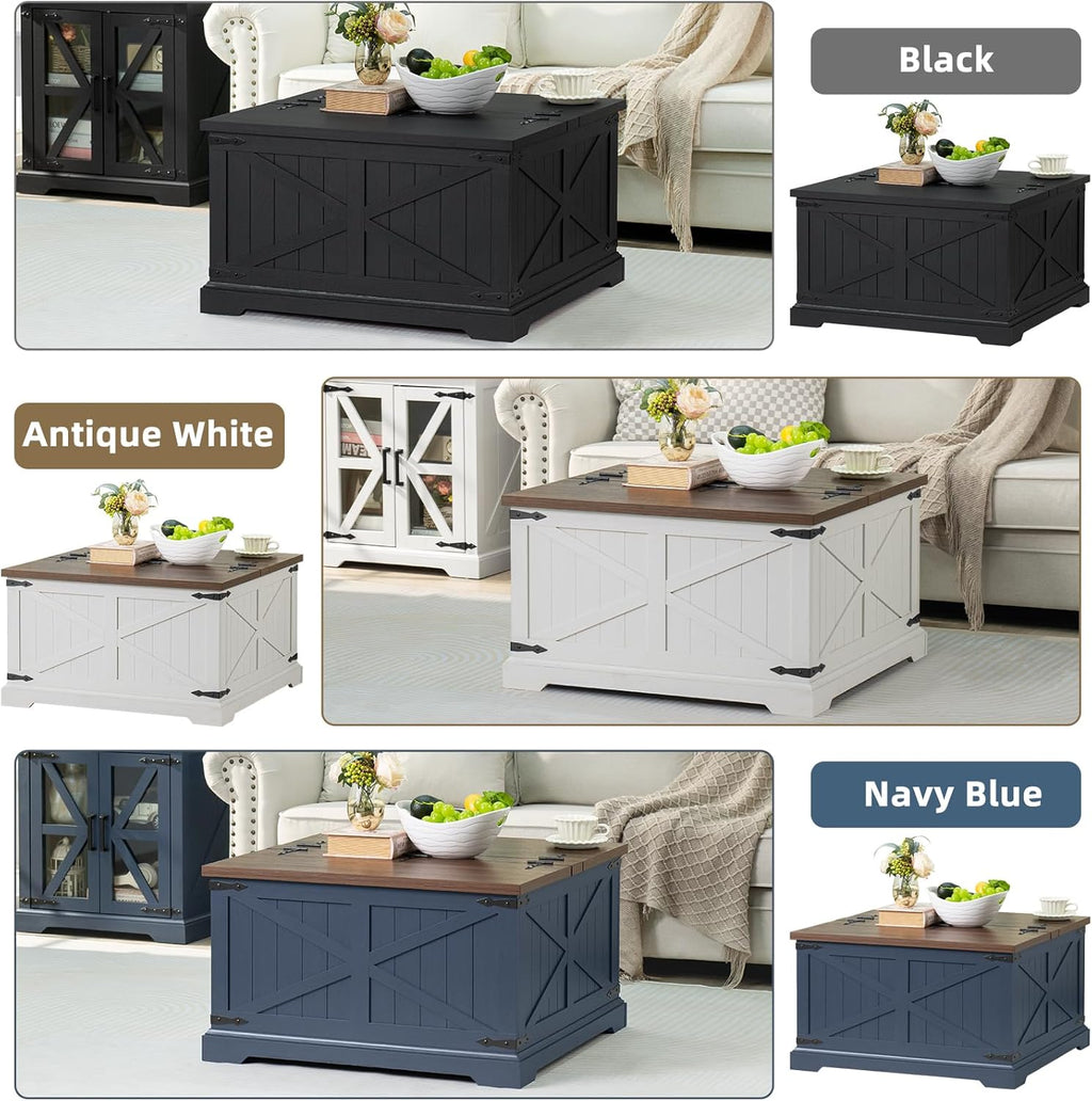 Joaxswe Farmhouse Coffee Table with Large Hidden Storage Compartment, Navy Blue Square Center Table, Wood Rustic Low Modern Living Room Tables with Hinged Lift Brown Top & Wooden Arc Base
