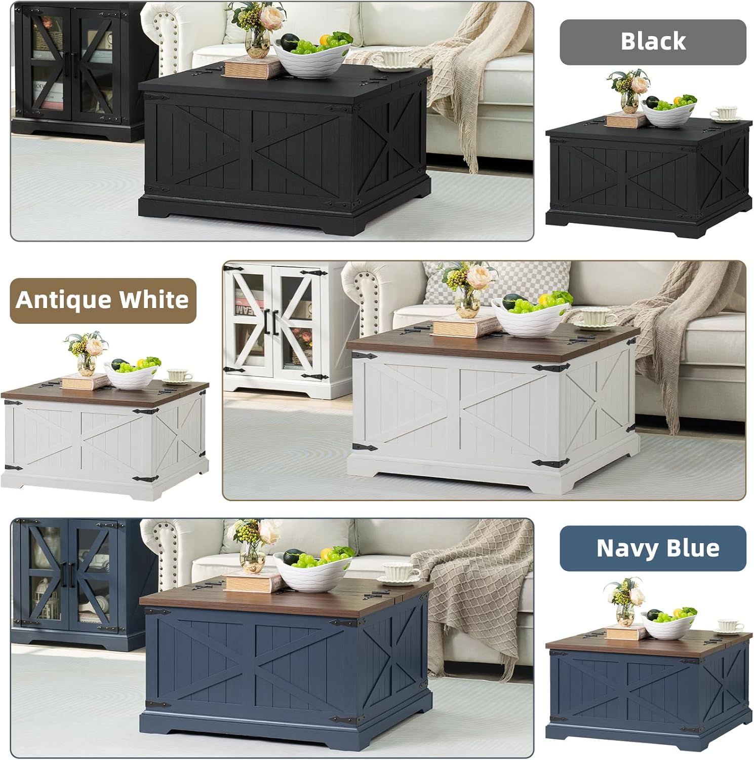 Joaxswe Farmhouse Coffee Table with Large Hidden Storage Compartment, Navy Blue Square Center Table, Wood Rustic Low Modern Living Room Tables with Hinged Lift Brown Top & Wooden Arc Base
