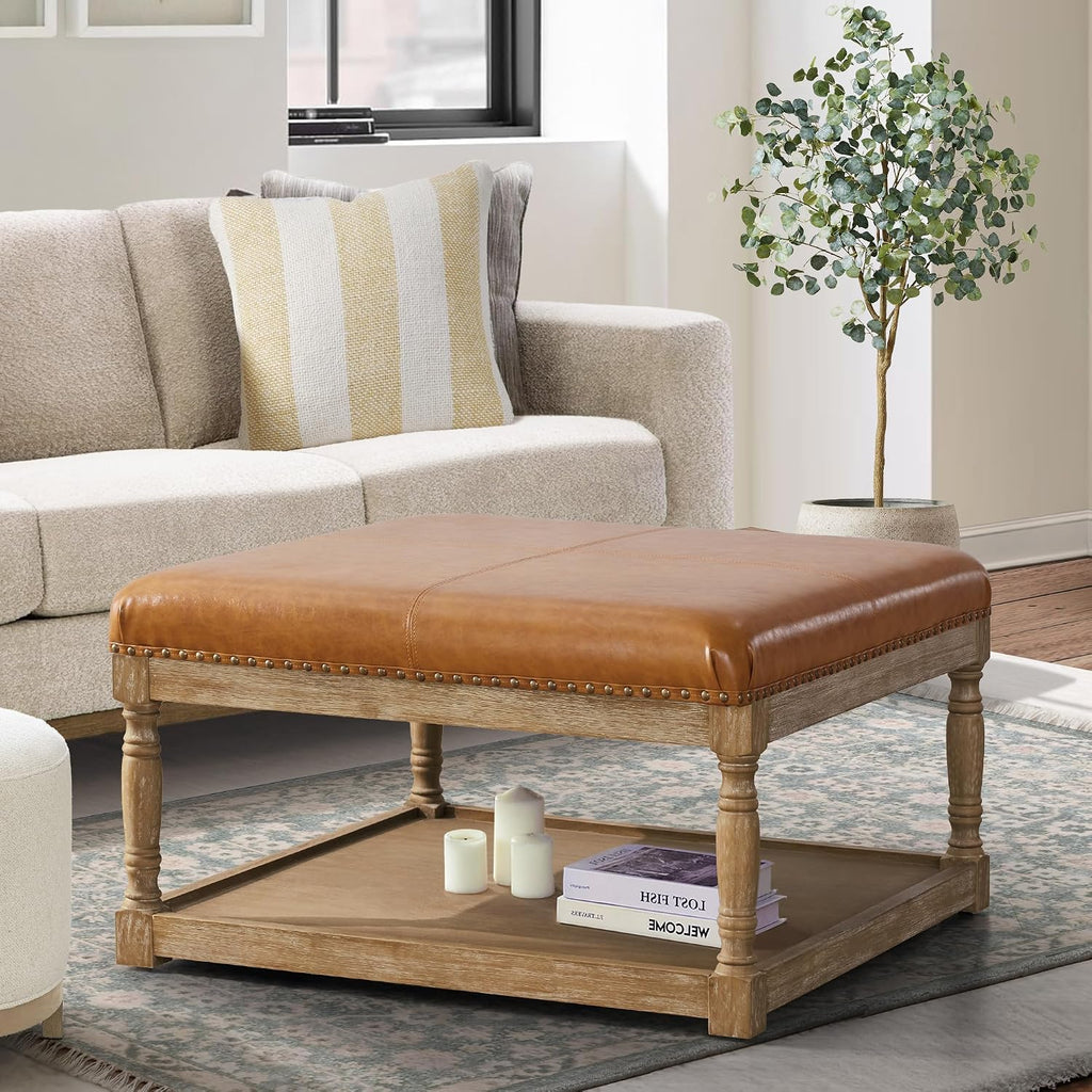 HUIMO 33-Inch Leather Ottoman Coffee Table, Square Ottoman with Shelf & Solid Wood Frame for Living Room (Brown)