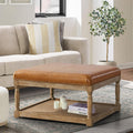 HUIMO 33-Inch Leather Ottoman Coffee Table, Square Ottoman with Shelf & Solid Wood Frame for Living Room (Brown)