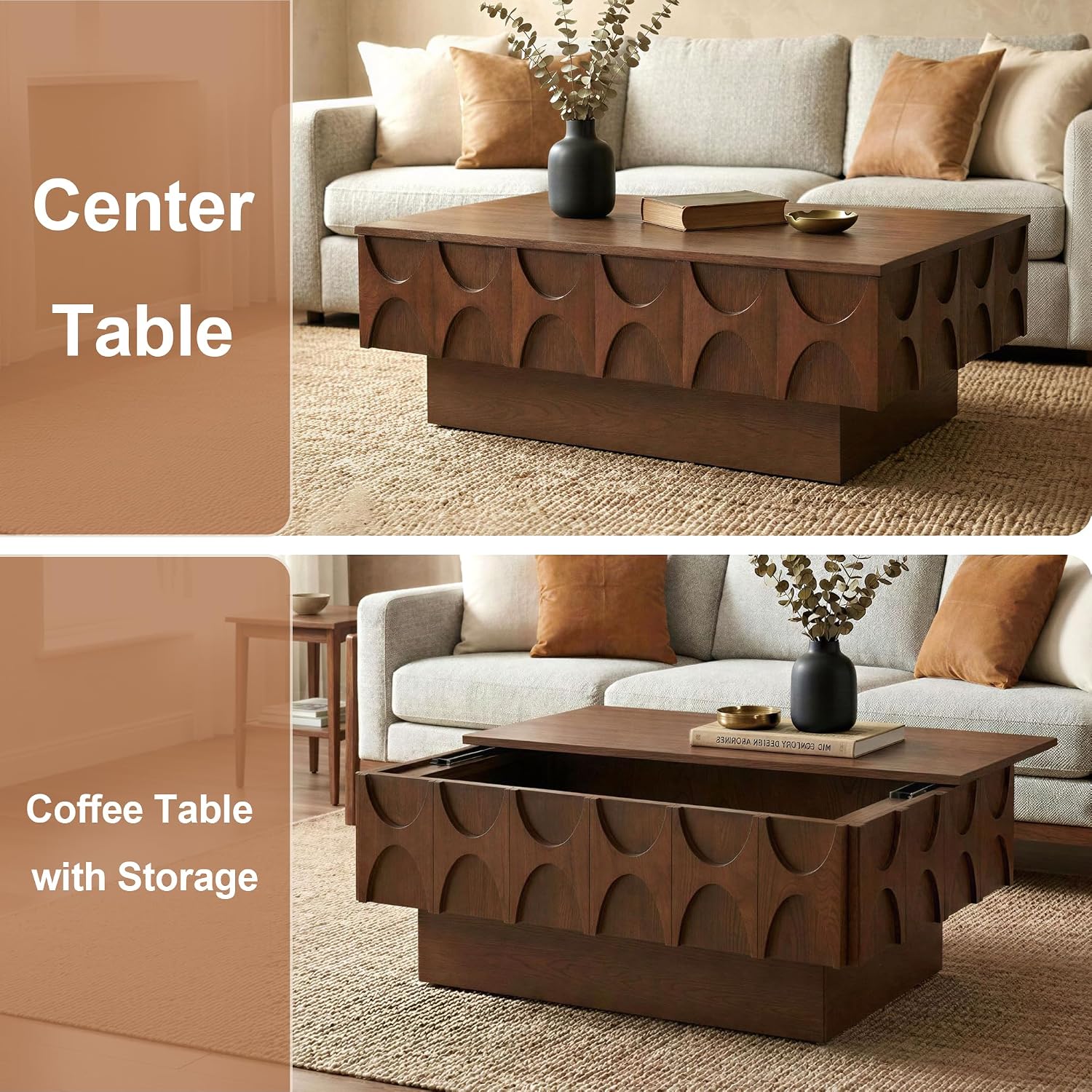 LKTART Coffee Table with Slide-Top Storage, Mid Century Modern Coffee Table with Solid Wood Veneer & Large Hidden Compartment, Wood Center Table for Living Room, Home Office, Walnut