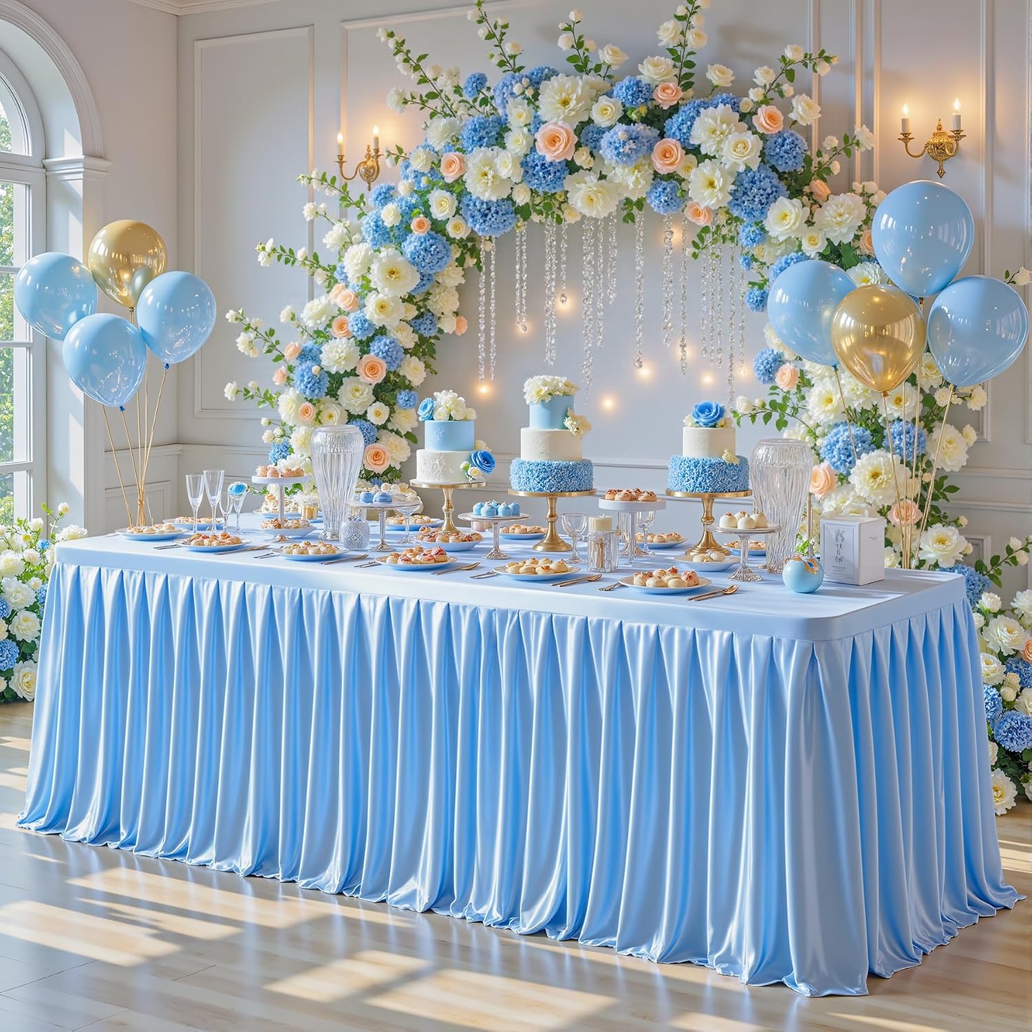 4 Pack 8FT Blue Satin Tablecloths for Rectangle Tables - Shiny Spandex Party Table Cover with Pleated Table Skirt, No-Wrinkle & Glossy Wedding Tablecloth One-Piece for Birthday Baby Shower Banquet