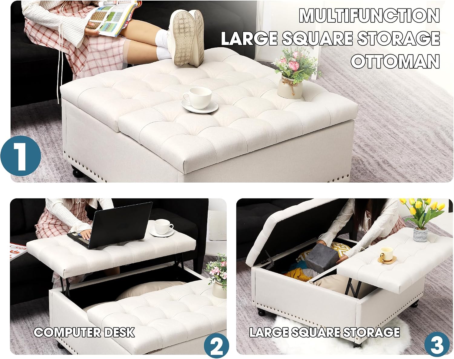 Grepatio 35.5' Large Square Storage Ottoman, Lift Top Ottoman Square Bench with Storage, Tufted Upholstered Ottomans, Ottomans Coffee Tables for Living Room, Bedroom (Beige)