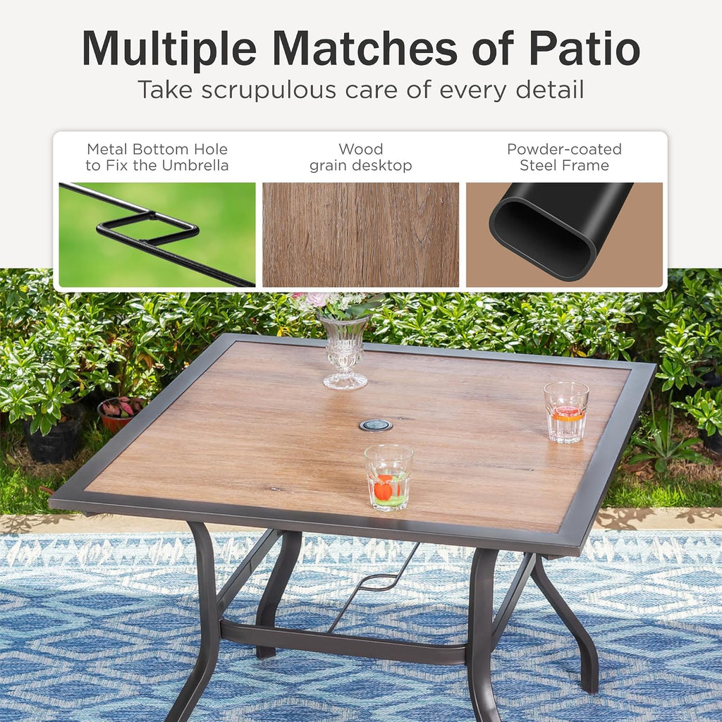 PHI VILLA 5 Piece Outdoor Dining Set, PVC Wooden-Like Square Table with Umbrella Holes and 4 High Back Fixed Chairs All Weather Patio Table and Chairs Set for Outdoor Deck Garden