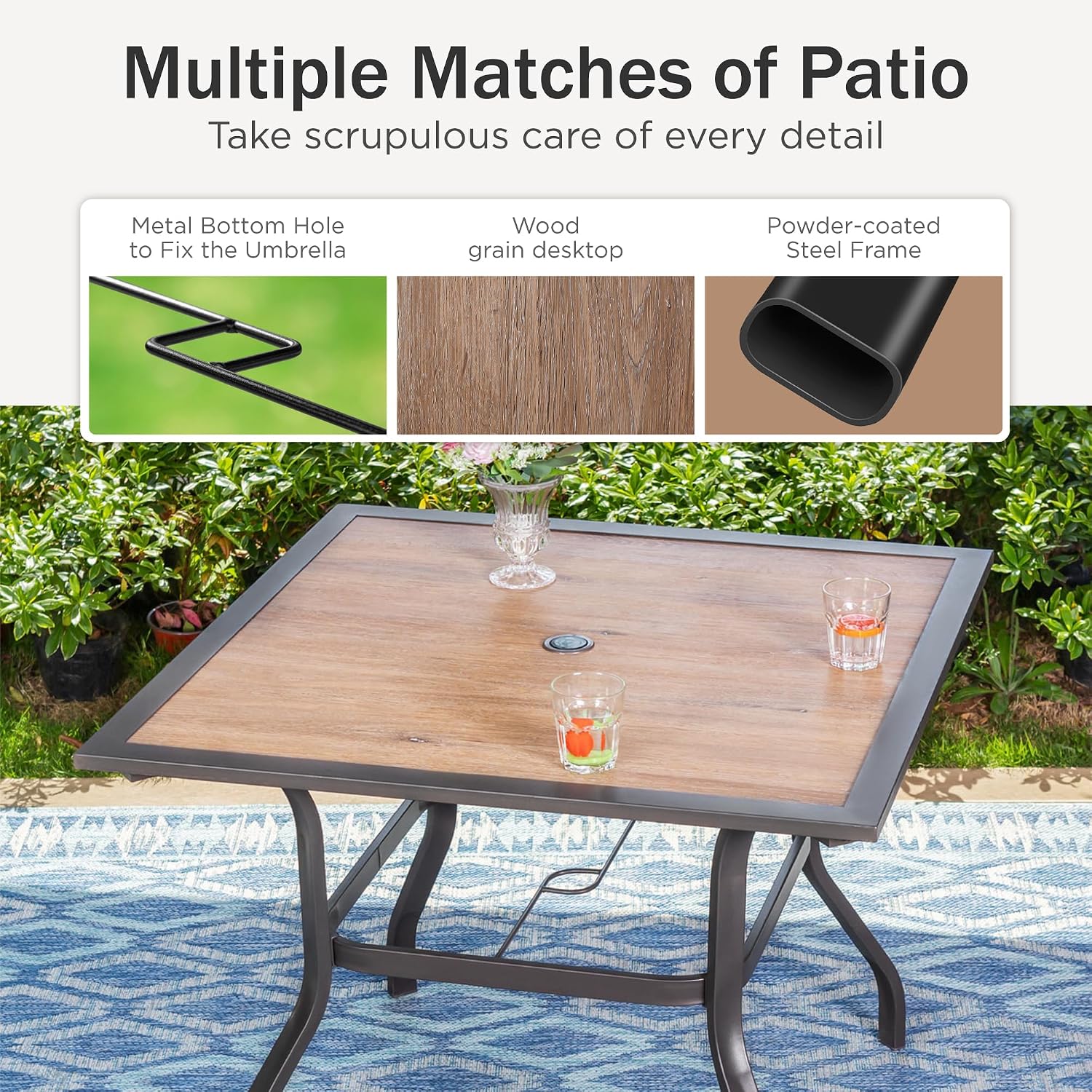 PHI VILLA 5 Piece Outdoor Dining Set, PVC Wooden-Like Square Table with Umbrella Holes and 4 High Back Fixed Chairs All Weather Patio Table and Chairs Set for Outdoor Deck Garden