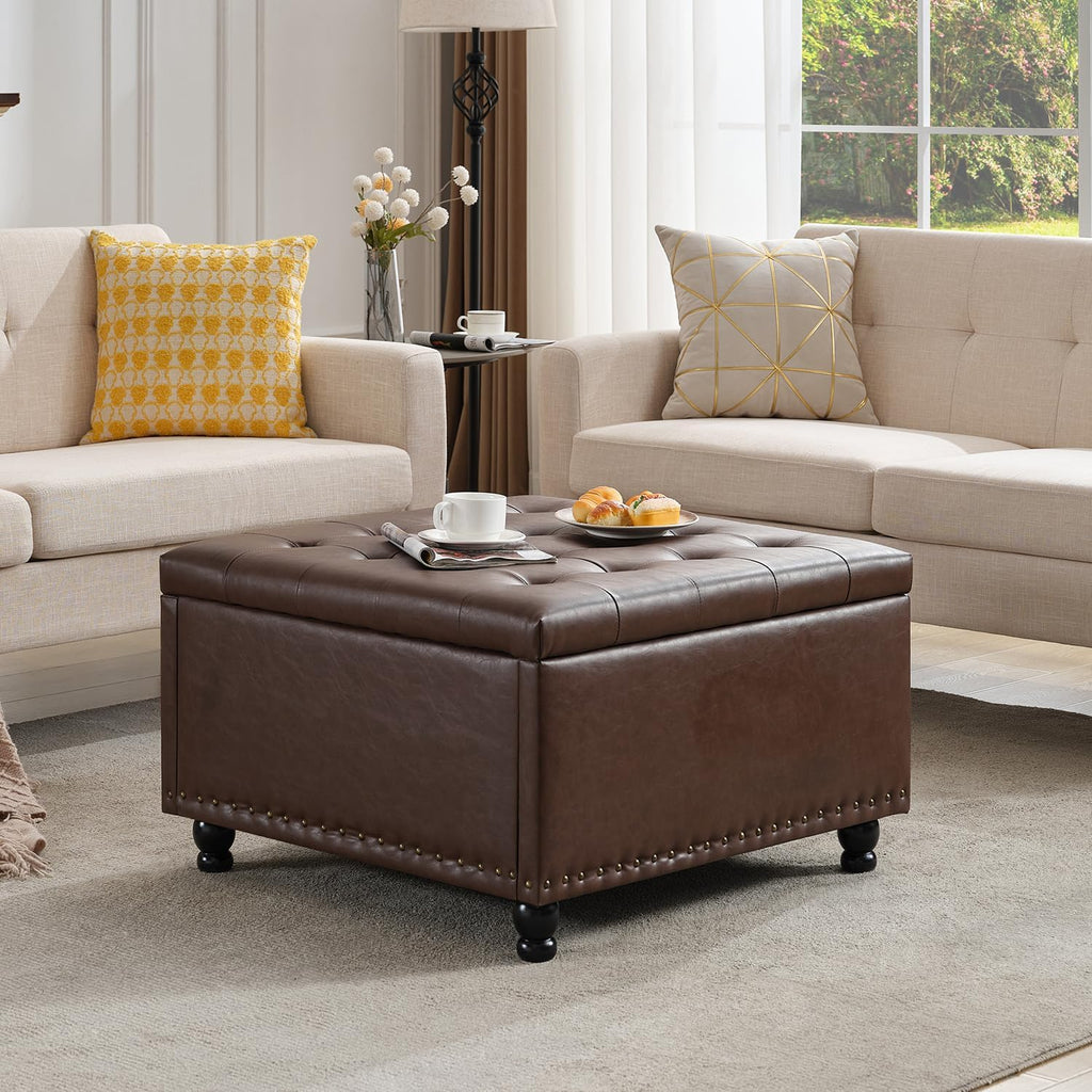 Tbfit 30' Large Square Ottoman Coffee Table with Storage, Oversized Tufted Upholstered Ottomans Bench with Solid Wood Legs for Living Room, Dorm, Leather Foot Stool for Couch Sofa Toy Box, Brown