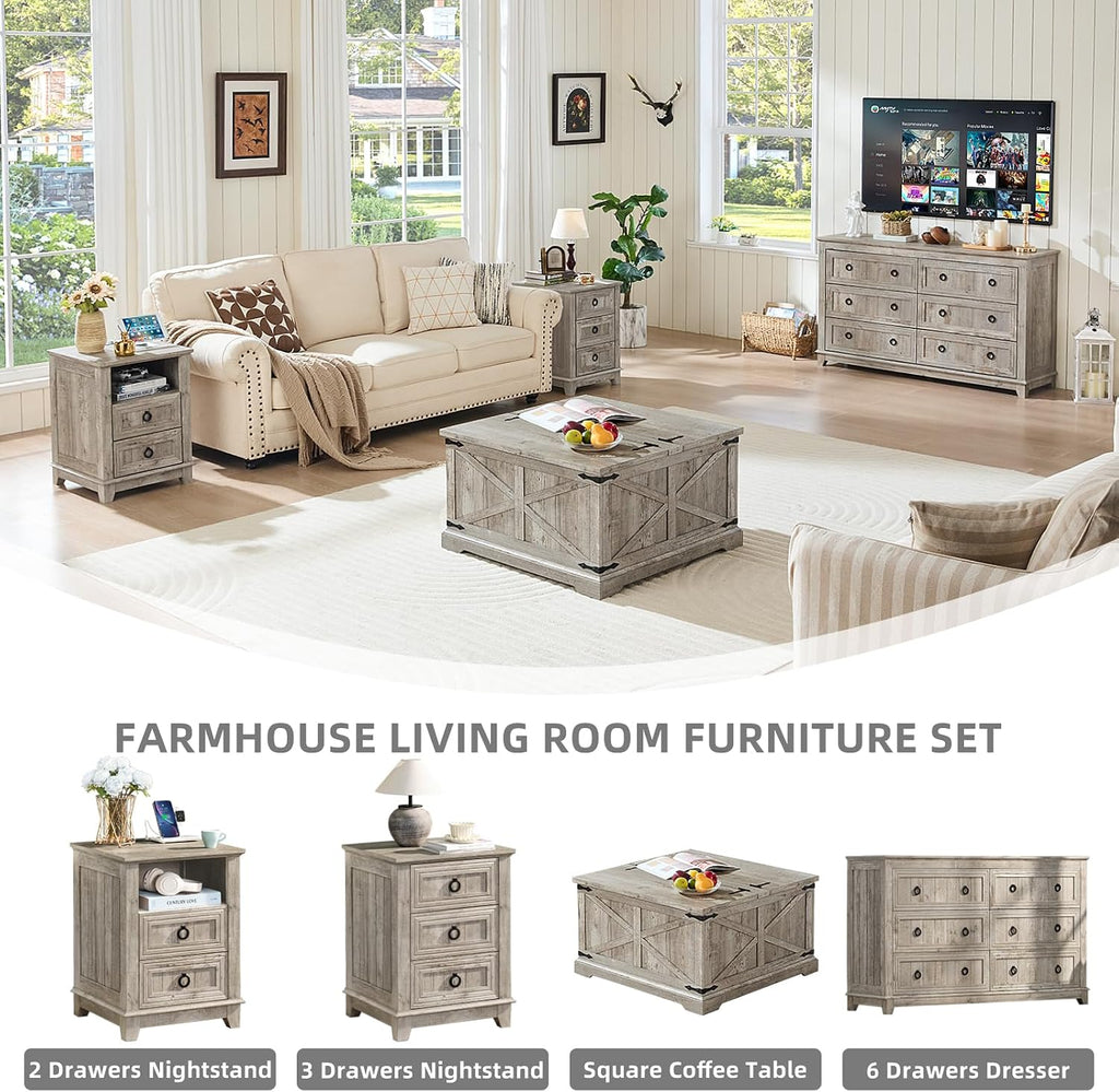 Joaxswe Farmhouse Coffee Table with Large Hidden Storage Compartment, Light Oak Square Center Table, Wood Rustic Low Modern Living Room Tables with Hinged Lift Brown Top & Wooden Arc Base
