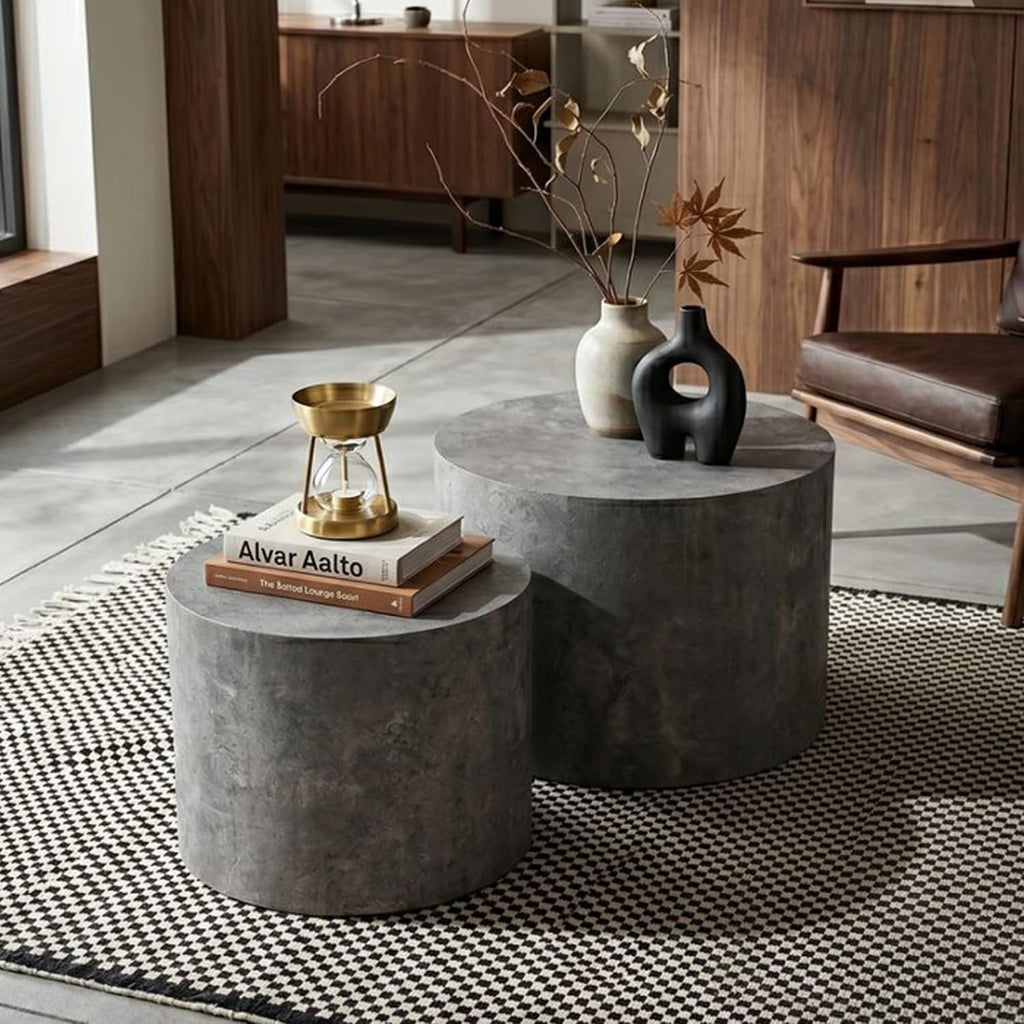 WILLIAMSPACE Nesting Coffee Table Set of 2, Matte Grey Round Wooden Coffee Tables Modern Circle Center Table for Small Space Living Room Bedroom Accent End Side Table, No Assembling (Stone Gray)