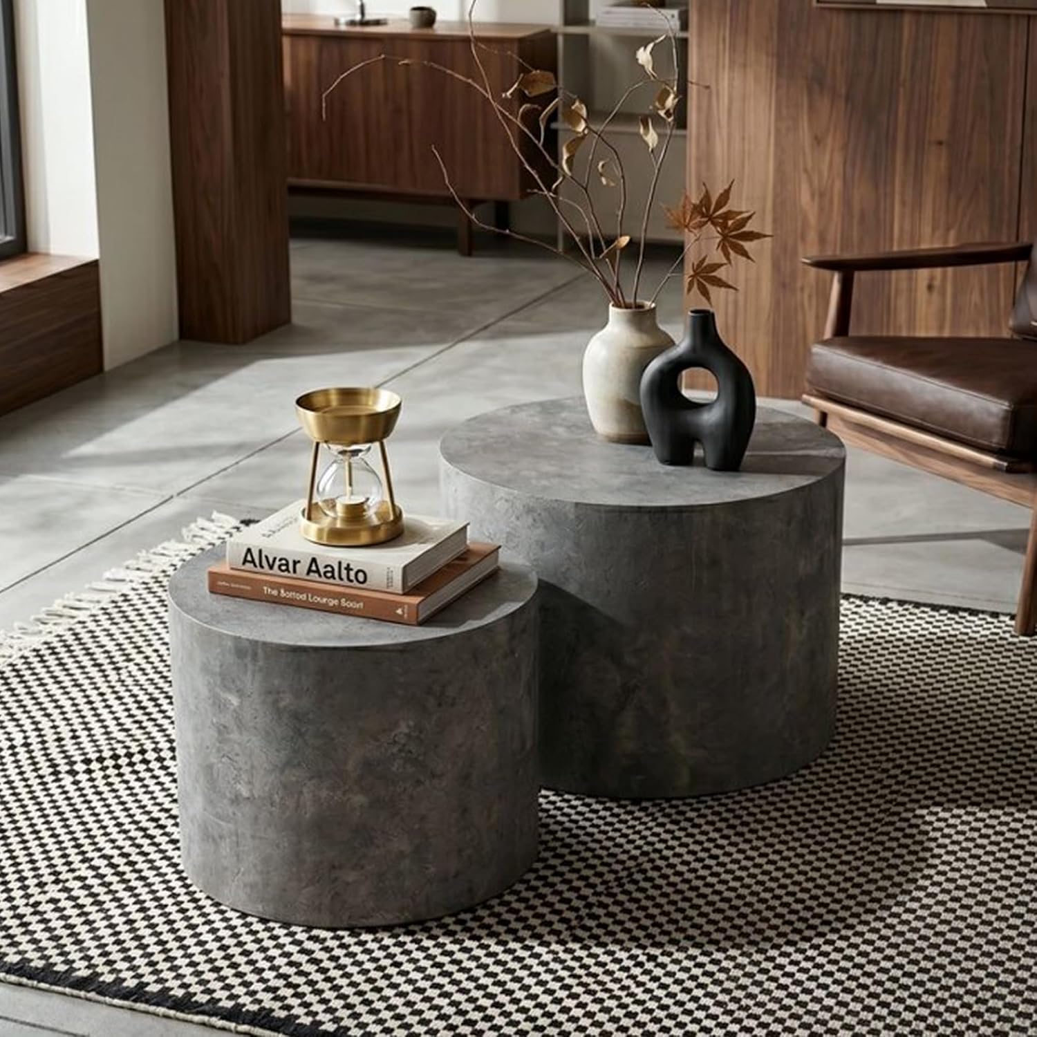 WILLIAMSPACE Nesting Coffee Table Set of 2, Matte Grey Round Wooden Coffee Tables Modern Circle Center Table for Small Space Living Room Bedroom Accent End Side Table, No Assembling (Stone Gray)