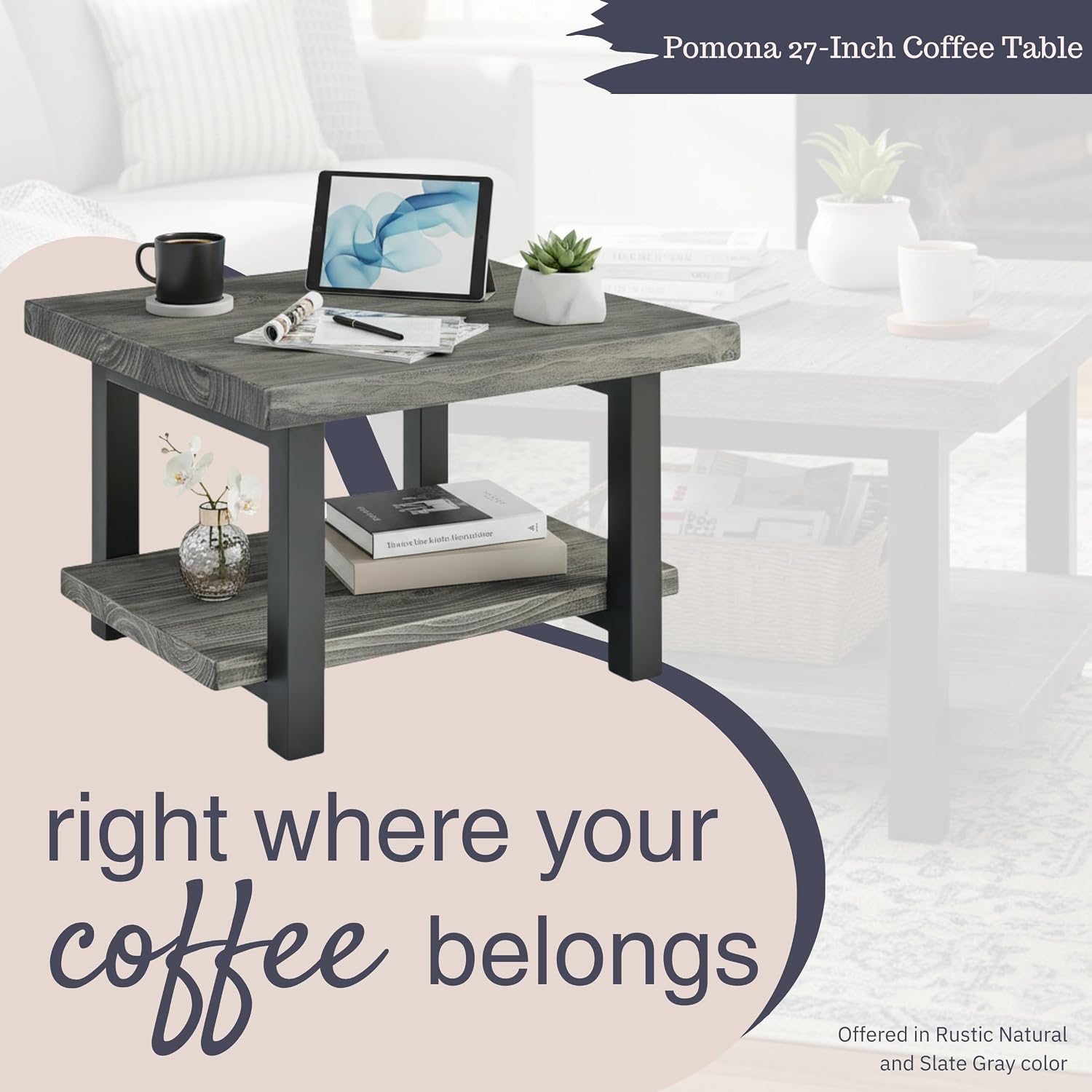 Pomona 27-Inch Square Solid Wood Coffee Table with Metal Legs – Modern Rustic Industrial Small Space Table by Alaterre Furniture (Slate Grey)