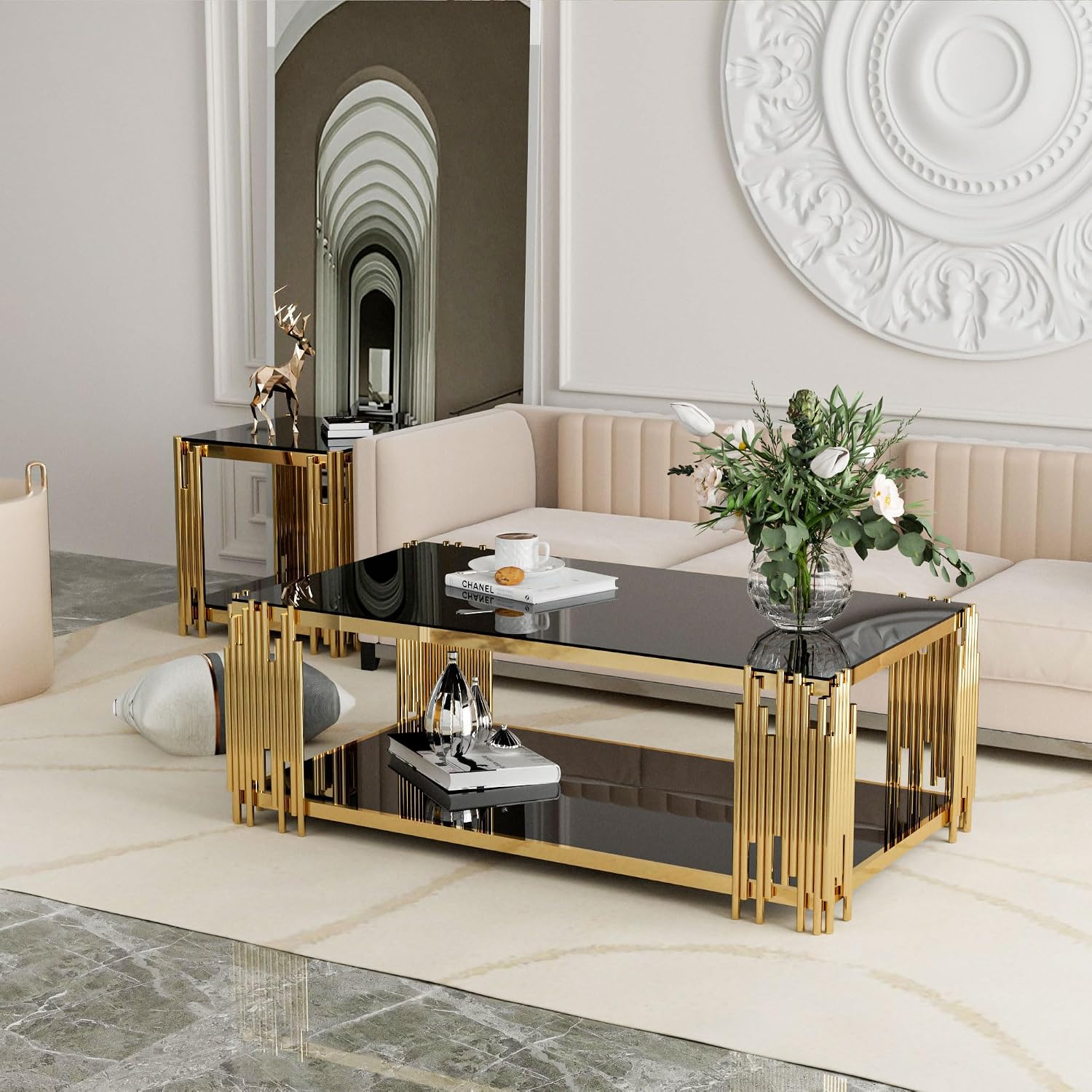 Gold Glass Coffee Table Black Modern Living Room Table Stainless Steel Metal Leg Large Rectangular Tempered Glass Center Tables for Home Office (Black, 51' Coffee Table)