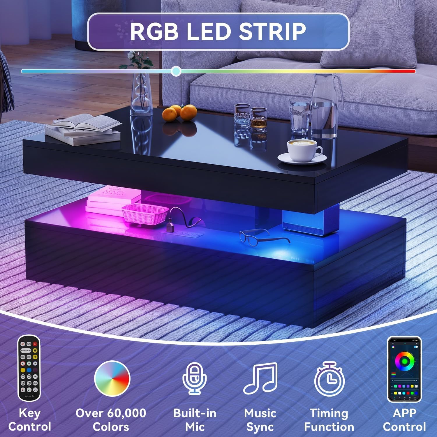 4-Piece Modern Living Room Table Set, Includes High Gloss 70' Fireplace TV Stand, 39' LED Coffee Table and 15' End Tables Set of 2 with Storage Drawers, Black