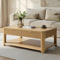 HULALA HOME Modern Fluted Coffee Table with Storage, Wood Oak Veneer Coffee Table with Wide Tabletop, 2 Drawers and Lower Shelf for Living Room, Easy Assembly, Natural