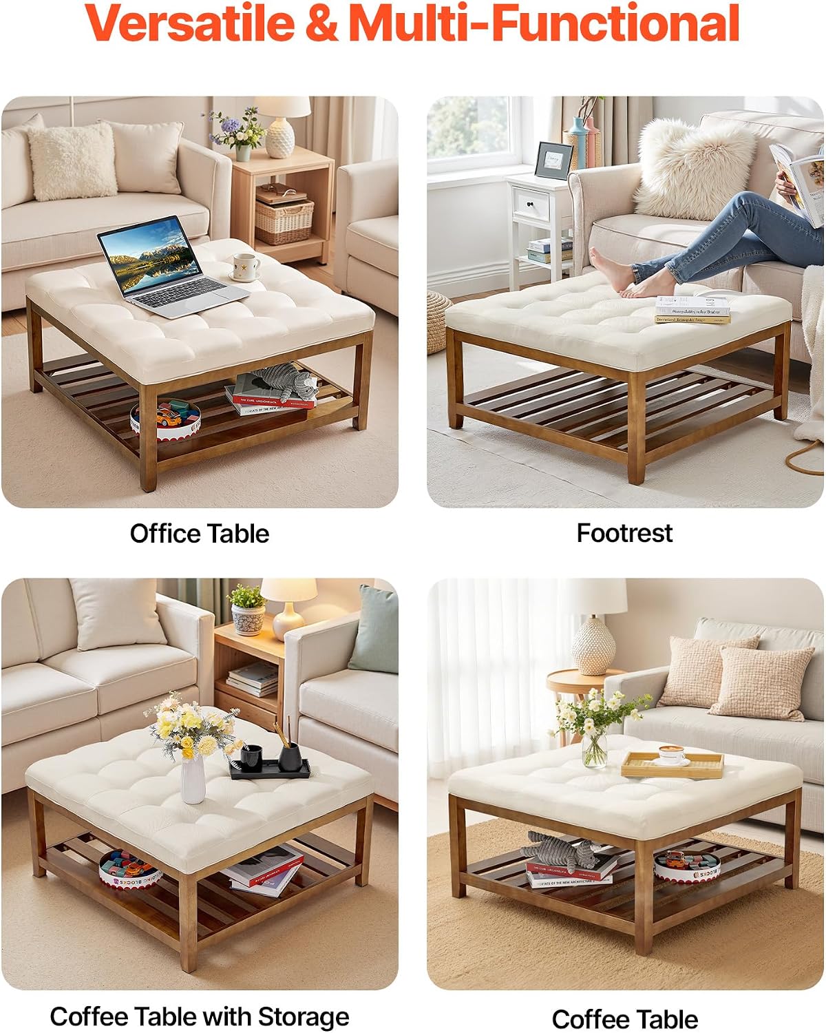 VEVOR Large Square Ottoman Coffee Table, 34.5 Inch Tufted Coffee Table with Solid Wood Shelf Storage, Linen Solid Upholstered Footrest Ottoman for Bedroom Living Room, 400 LBS, Off-White
