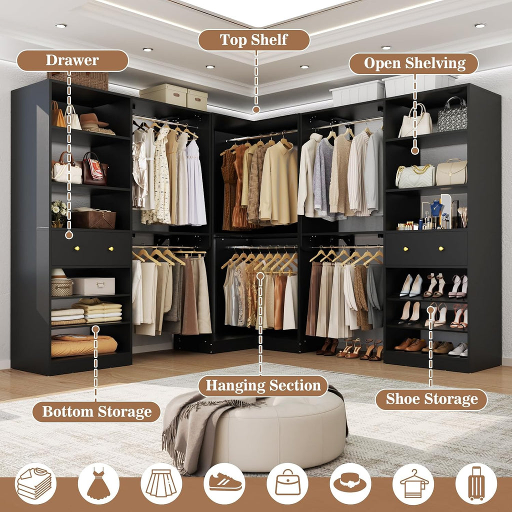 Armocity Closet System Set of 3 - Corner Closet Organizer System with 2 Drawers/16 Shelves/6 Hanging Rods, 151.1' L-Shaped Walk-In Wardrobe Organizer, 2800+ lbs Capacity, Black