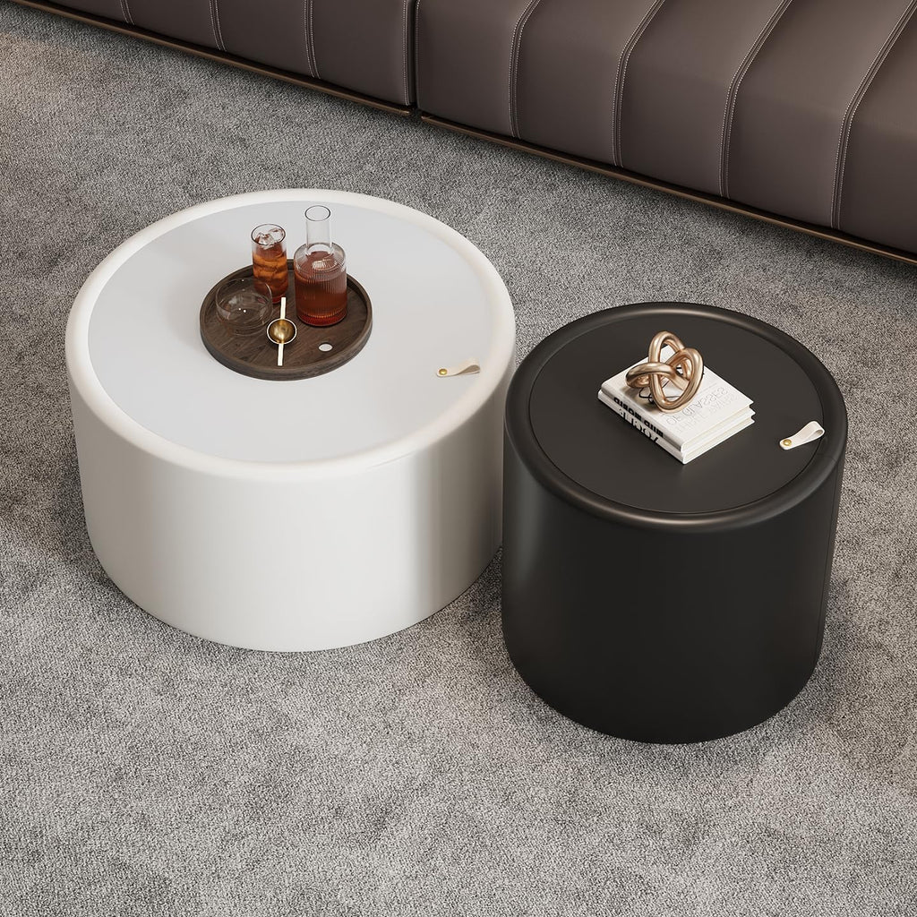 Round Coffee Table Set with Hidden Storage, 27.56' White Drum Center Table and 19.69' Black Coffee Table Set, 2 Pieces Living Room Table Set with Tempered Glass Top and PU Leather Body