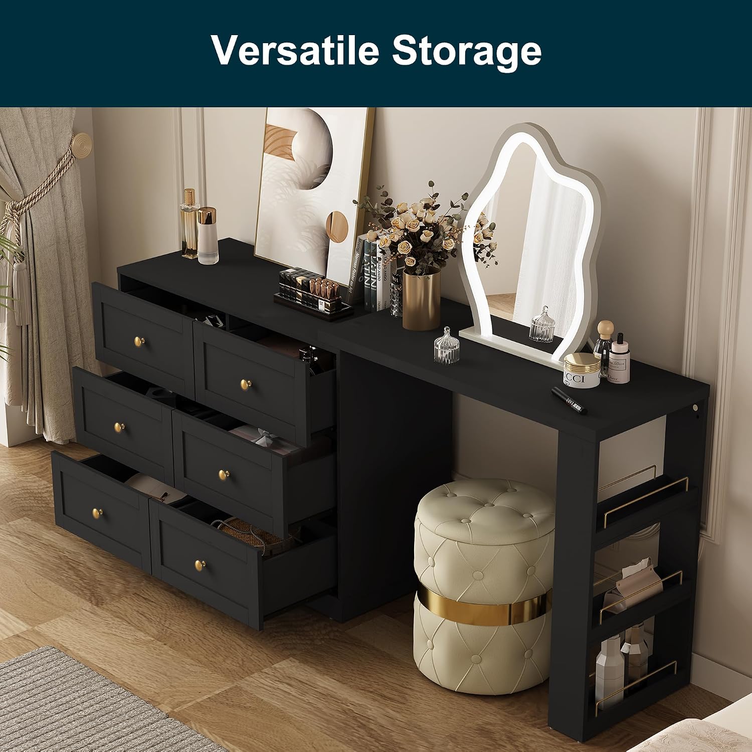 RoyalCraft Vanity Desk and Dresser Combo, 67' Extendable Big Makeup Vainty with 6 Drawer Dresser and 3 Side Shelves, Wood Corner Vanity for Bedroom, Dressing Table for Women Girlfriend, Black