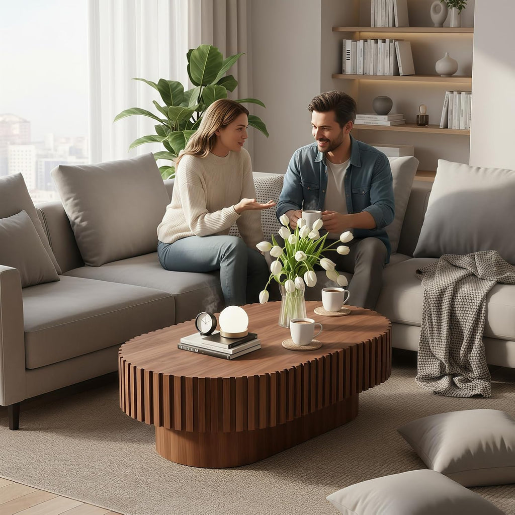 Oval Coffee Table for Living Room Fluted Coffee Table Mid Century Modern Center Table Wood Tea Table with Pedestal Home Furniture Office Apartment Easy Assembly 43.7' Walnut