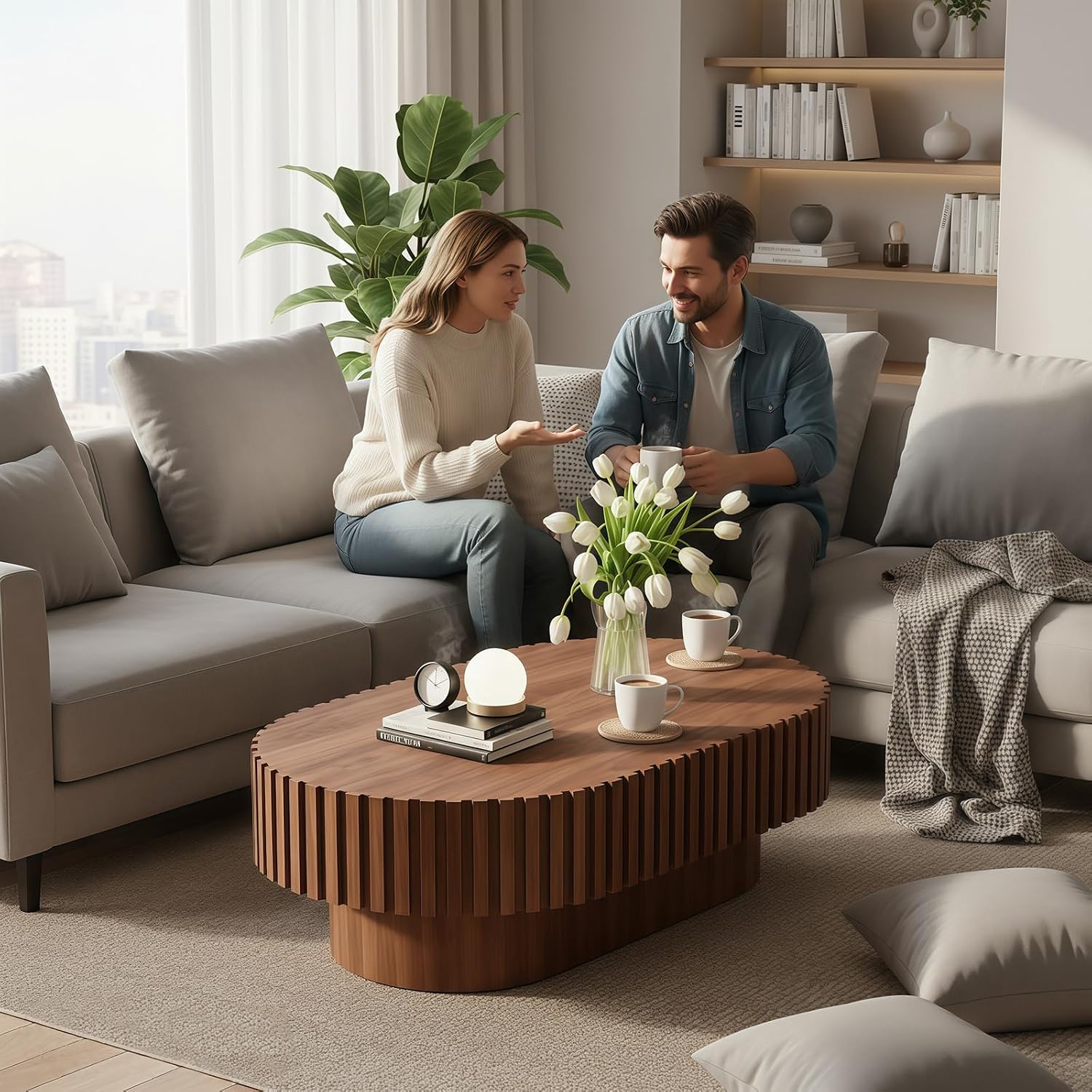 Oval Coffee Table for Living Room Fluted Coffee Table Mid Century Modern Center Table Wood Tea Table with Pedestal Home Furniture Office Apartment Easy Assembly 43.7' Walnut