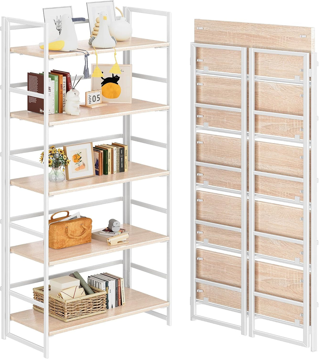 4NM No Assembly 5 Tier Collapsible Book Shelves, 51.2' H x 23.6' W Folding Bookshelf Bookcase Open Industrial Foldable Shelf for Bedroom, Living Room, Home Office - Natural White