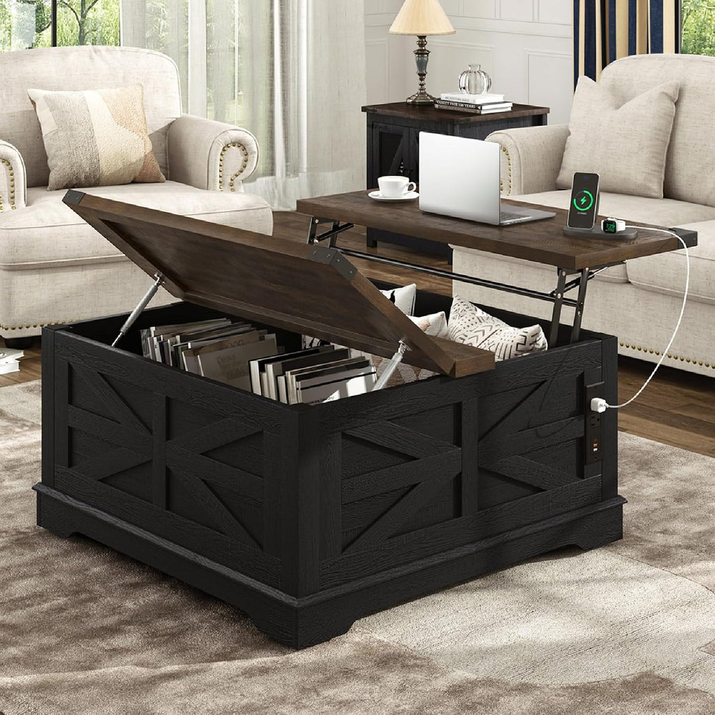 Hlivelood 36' Farmhouse Movable Lift Top Coffee Table with Storage and Power Outlets, Square Wood Living Room Tables with Wheels&Large Hidden Space, Lift Wooden Barn Door Center Table, Black