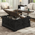 Hlivelood 36' Farmhouse Movable Lift Top Coffee Table with Storage and Power Outlets, Square Wood Living Room Tables with Wheels&Large Hidden Space, Lift Wooden Barn Door Center Table, Black