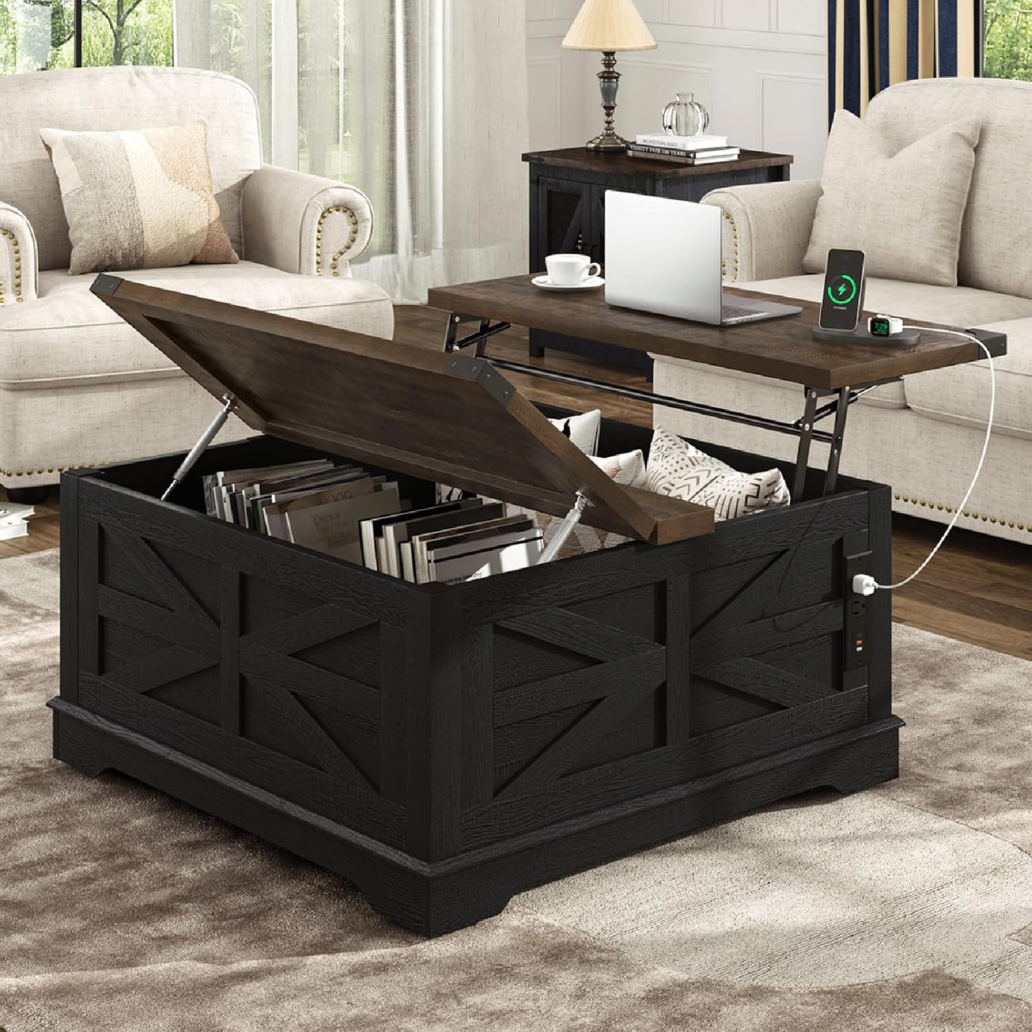 Hlivelood 36' Farmhouse Movable Lift Top Coffee Table with Storage and Power Outlets, Square Wood Living Room Tables with Wheels&Large Hidden Space, Lift Wooden Barn Door Center Table, Black