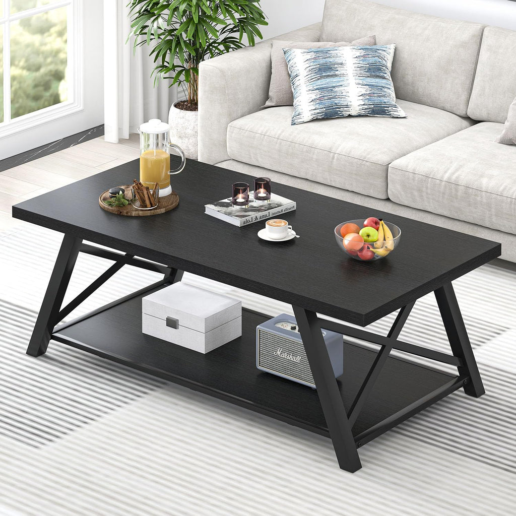 EXCEFUR Black Coffee Table, Modern Wood and Metal Center Table with Storage Shelf, Industrial Rectangle Cocktail Tea Table for Living Room, 47 Inch
