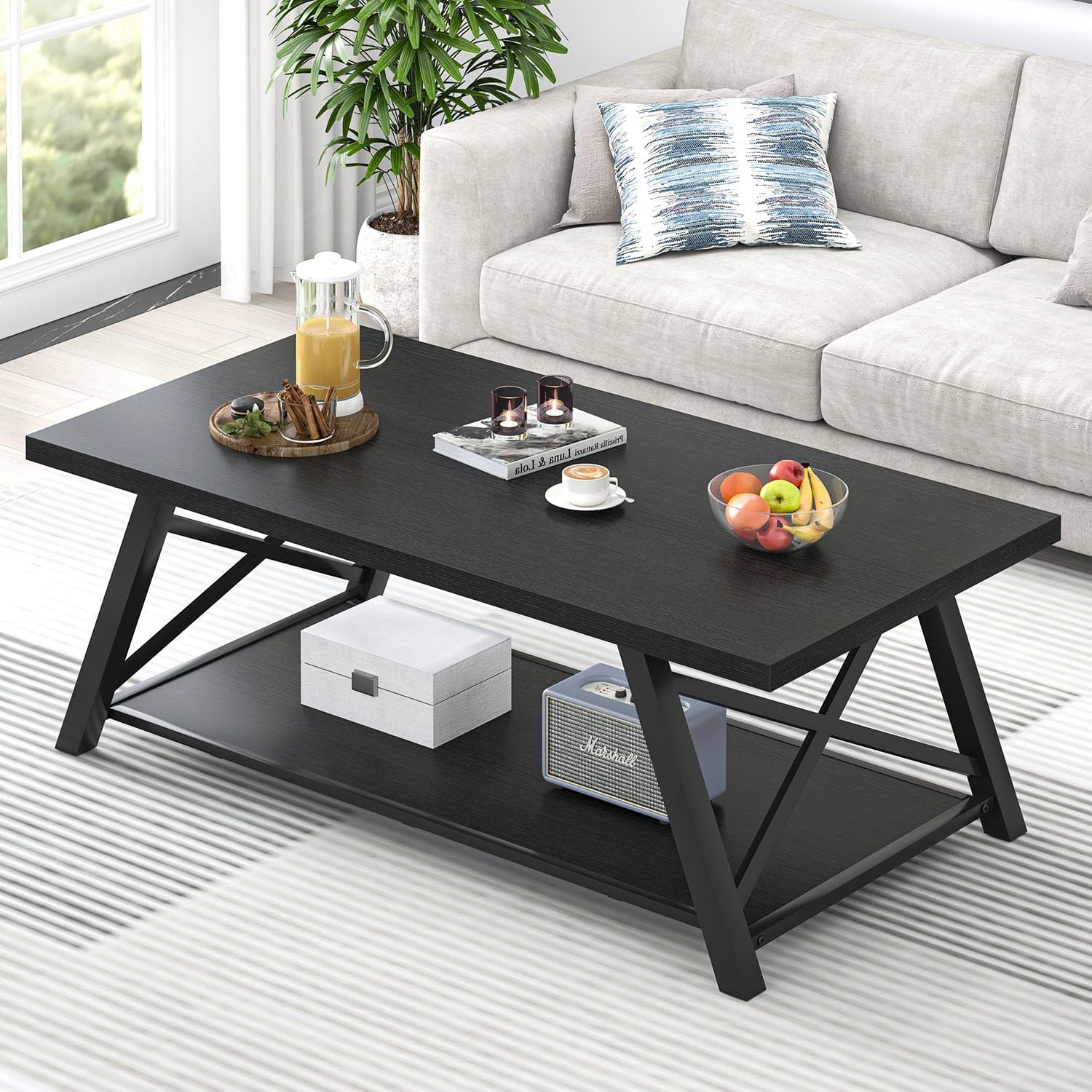 EXCEFUR Black Coffee Table, Modern Wood and Metal Center Table with Storage Shelf, Industrial Rectangle Cocktail Tea Table for Living Room, 47 Inch