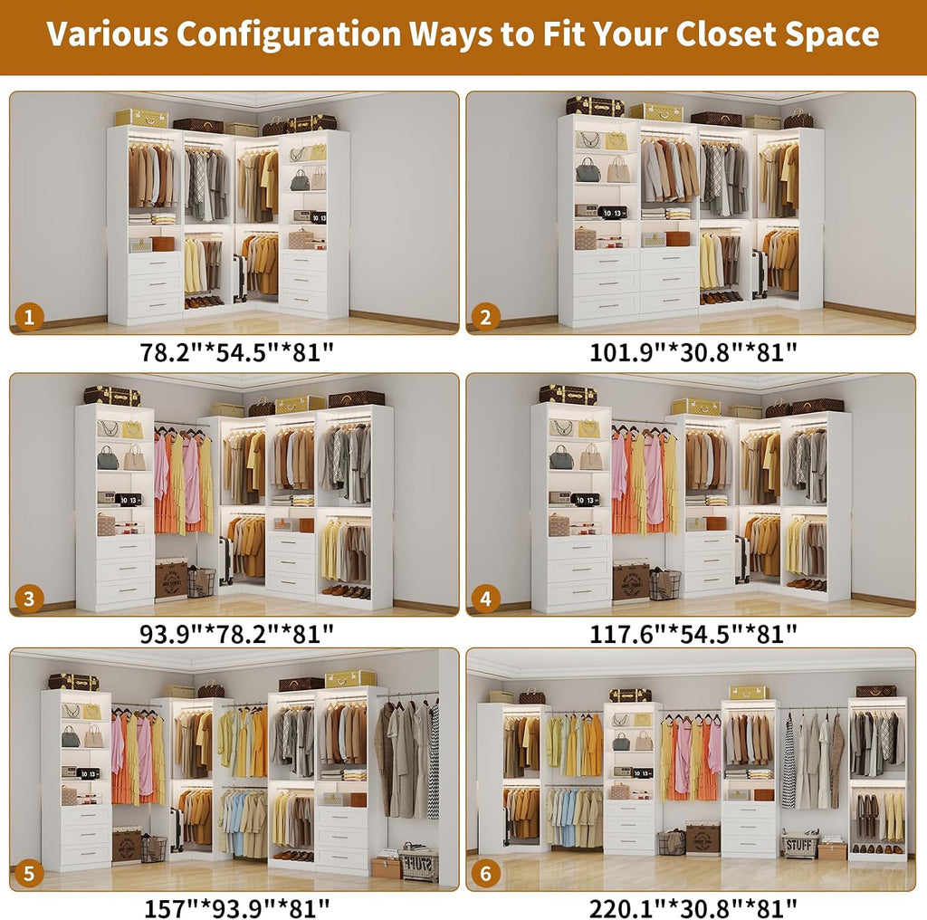 Closet System of 4 Sets with 6 Drawers, 101.9' Walk in Corner Closet System with 9 Hanging Rods & Adjustable Shelves, Custom L-Shaped Modular Closet Organizer System Wood Corner, White