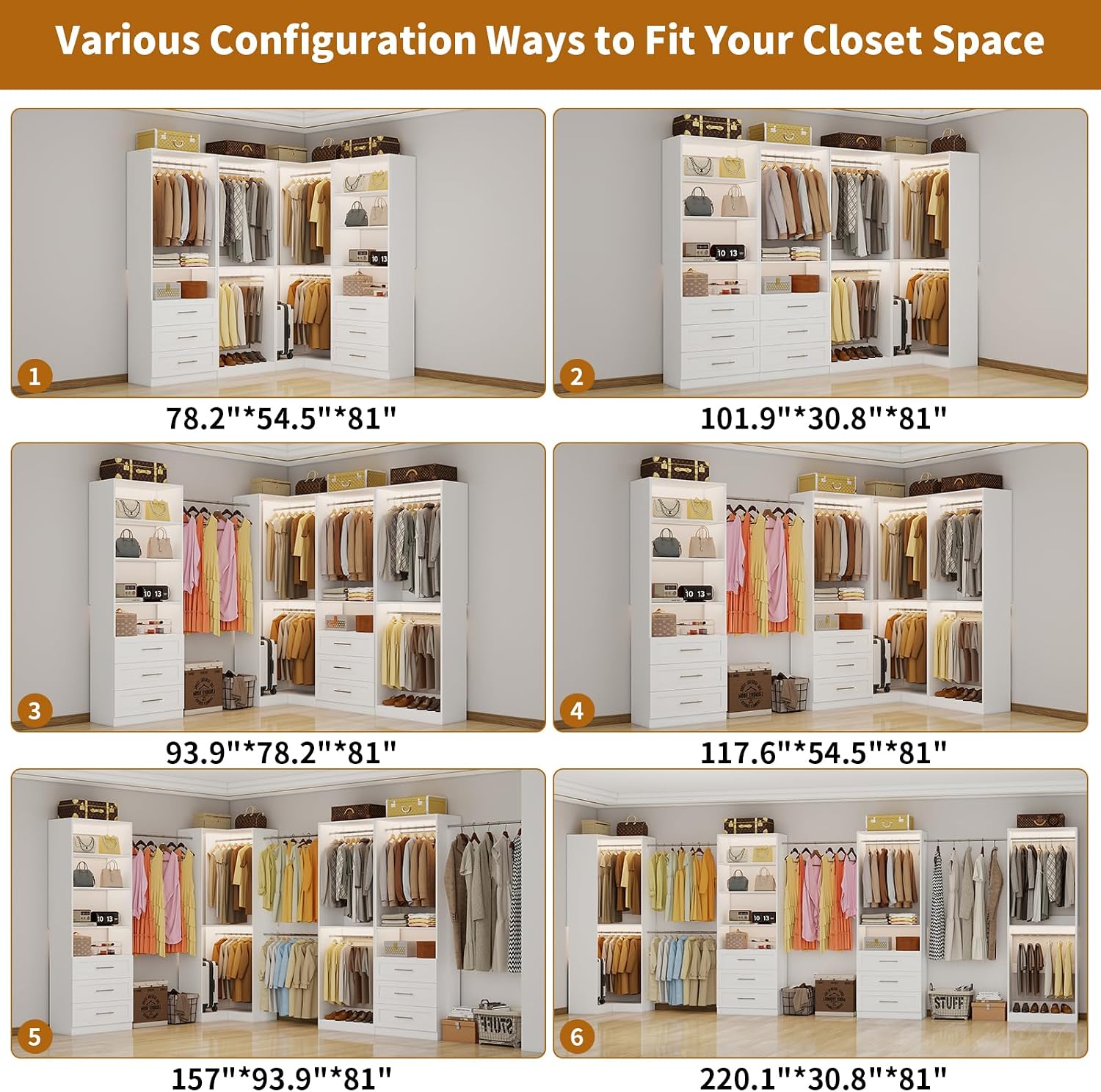 Closet System of 4 Sets with 6 Drawers, 101.9' Walk in Corner Closet System with 9 Hanging Rods & Adjustable Shelves, Custom L-Shaped Modular Closet Organizer System Wood Corner, White