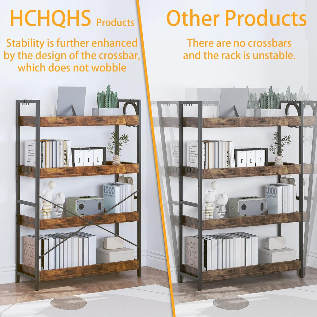 HCHQHS 4 Tier Bookshelf, Adjustable Industrial Bookcase, Vertical Tall Book Shelf, Wood and Black Metal Open Bookshelves for Home Office, Living Room, Bedroom