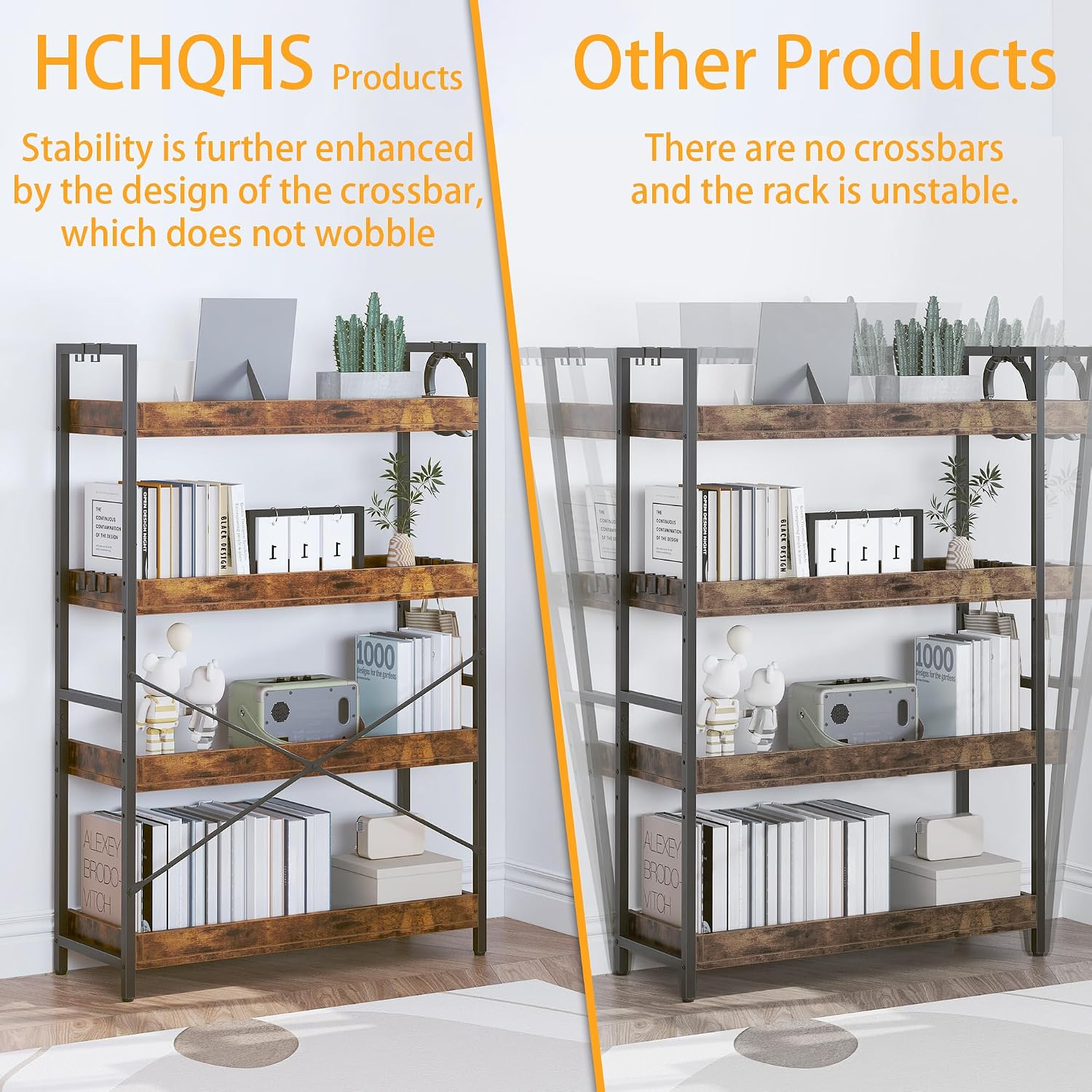 HCHQHS 4 Tier Bookshelf, Adjustable Industrial Bookcase, Vertical Tall Book Shelf, Wood and Black Metal Open Bookshelves for Home Office, Living Room, Bedroom