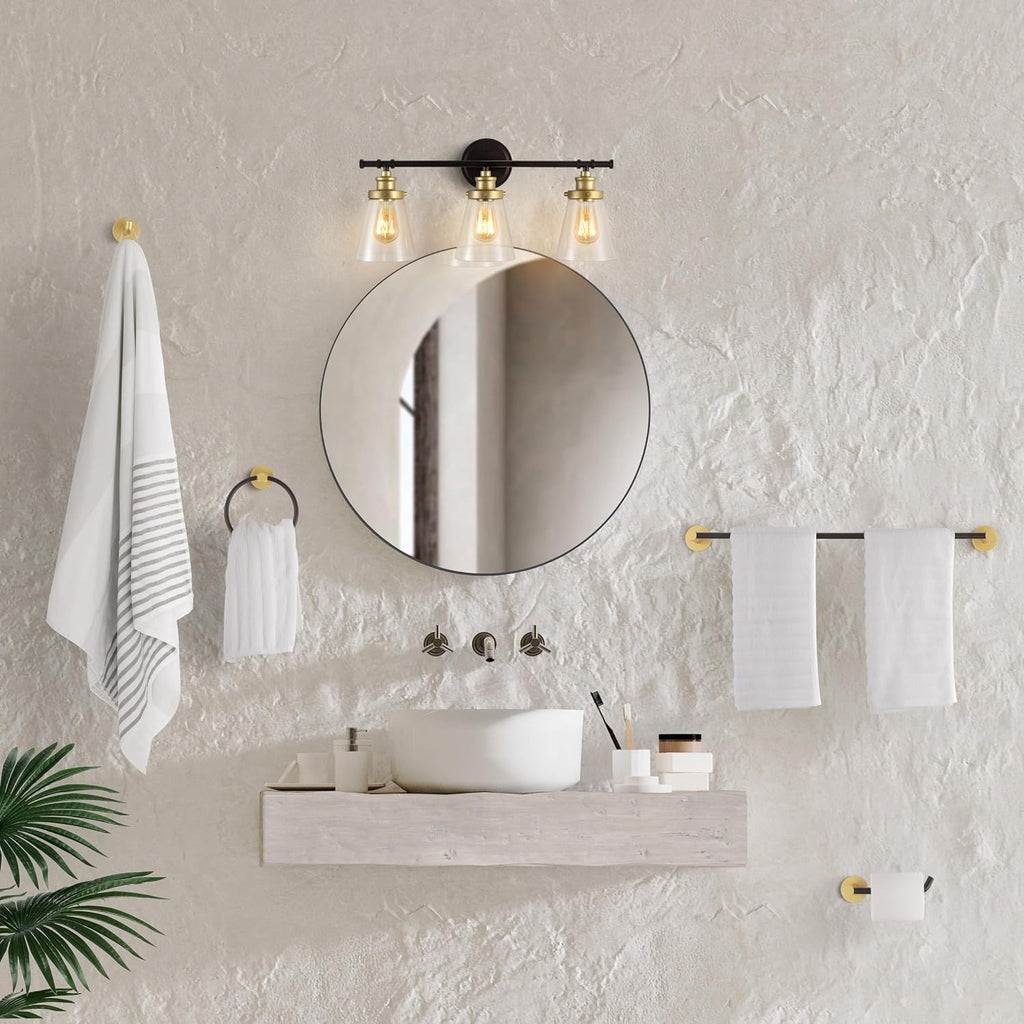 JONATHAN Y JYL1507B Hollis 23.75' 3-Light Traditional Farmhouse Vanity Light with Bathroom Accessory Set, Oil Rubbed Bronze/Gold Painting (5-Piece) - Towel Bar & Ring, Toilet Paper Holder, Robe Hook