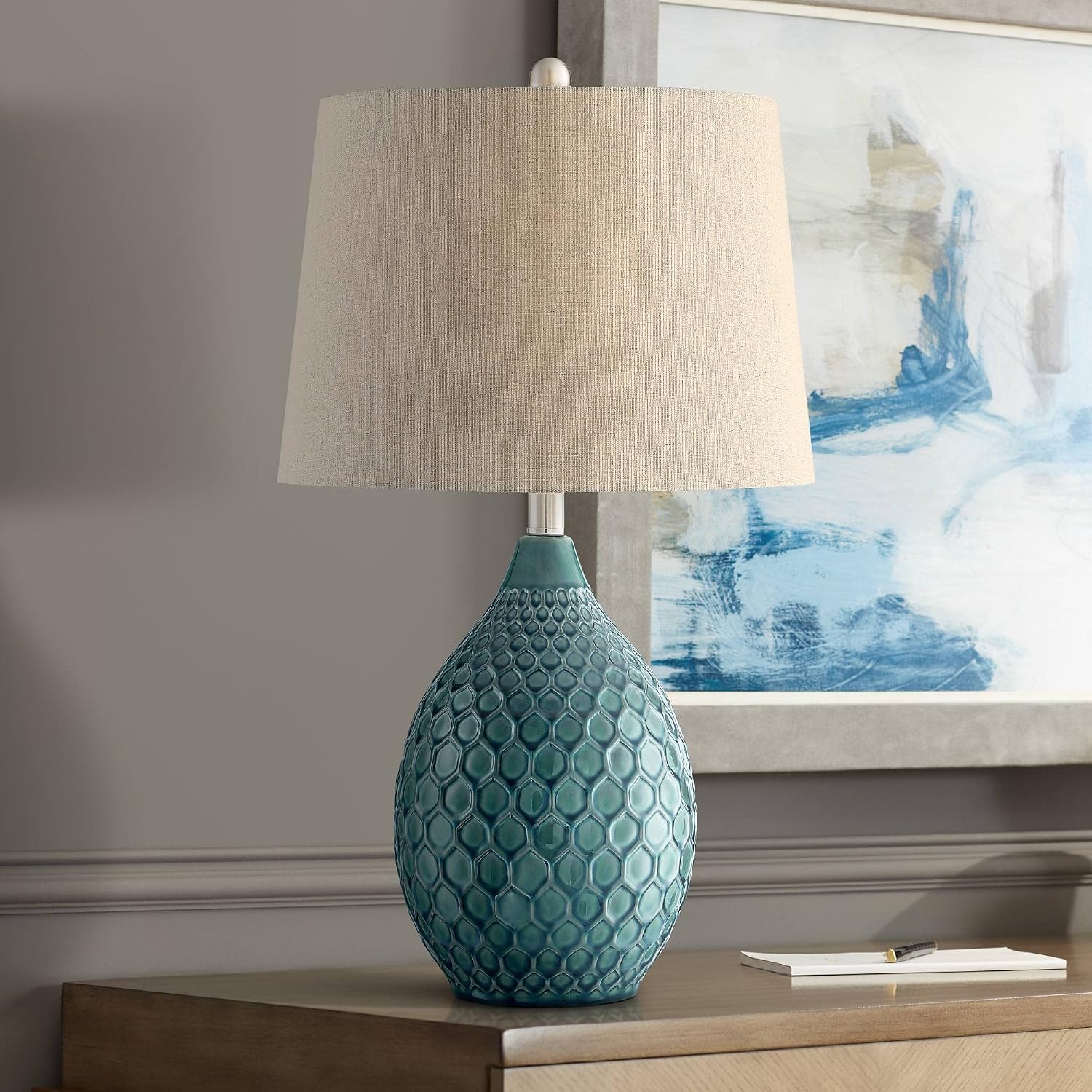 360 Lighting Kate Coastal Vase-Shaped Table Lamp 24.75' High Sea Foam Blue Green Ceramic Oatmeal Tapered Drum Shade for Cottage Core Living Room Bedroom Beach House Nightstand (Color May Vary)