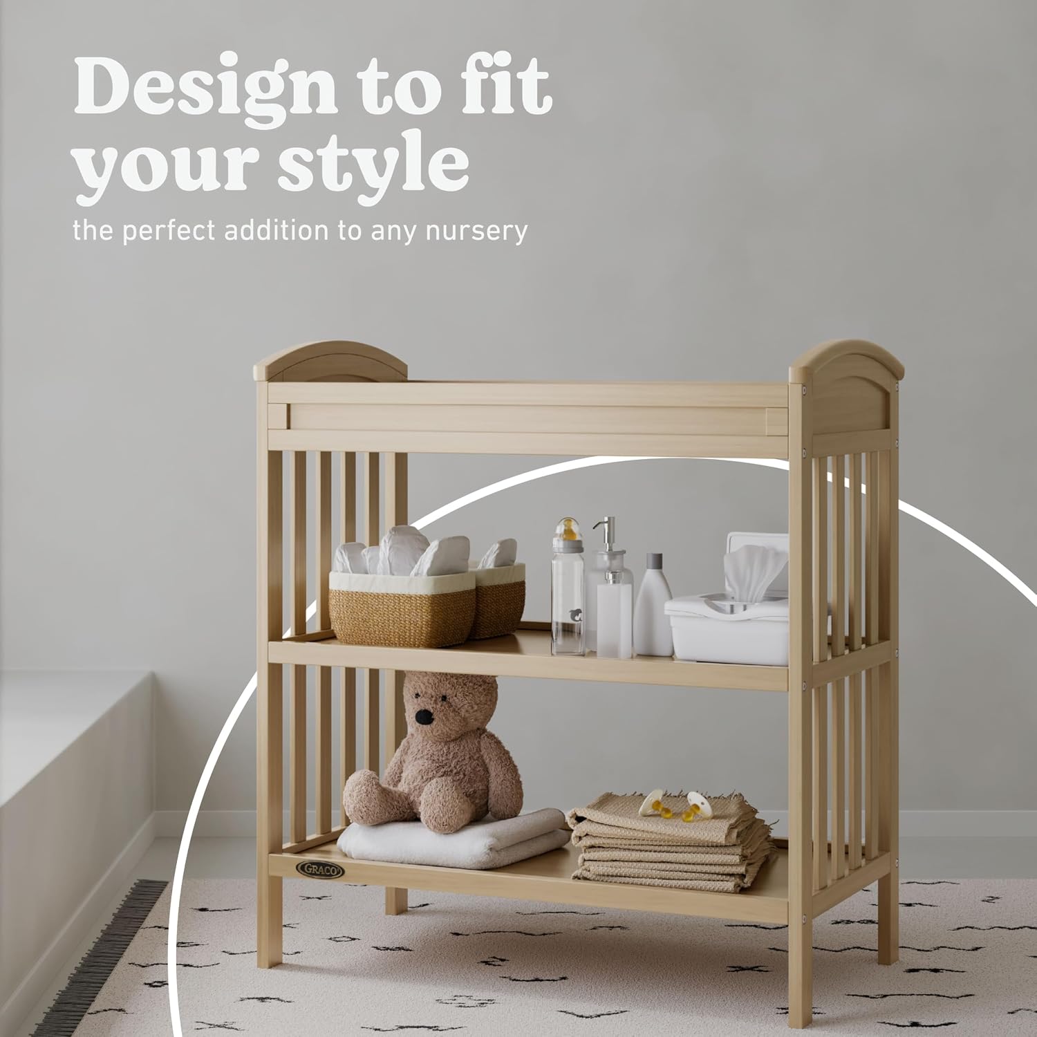Graco Benton Changing Table with Bonus Water-Resistant Changing Pad (Driftwood) - GREENGUARD Gold Certified, Includes Diaper Change Pad with Safety Strap, 2 Open Storage Shelves for Organizing