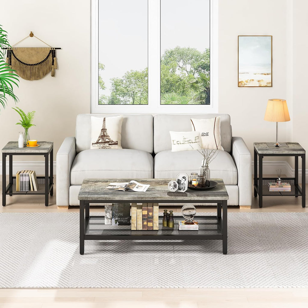 furlinkhm Coffee Table Set of 3, Industrial Coffee Table with 2 Square End Side Tables, Modern Living Room Table Set, with Metal Frame, for Apartment Home Office, Grey