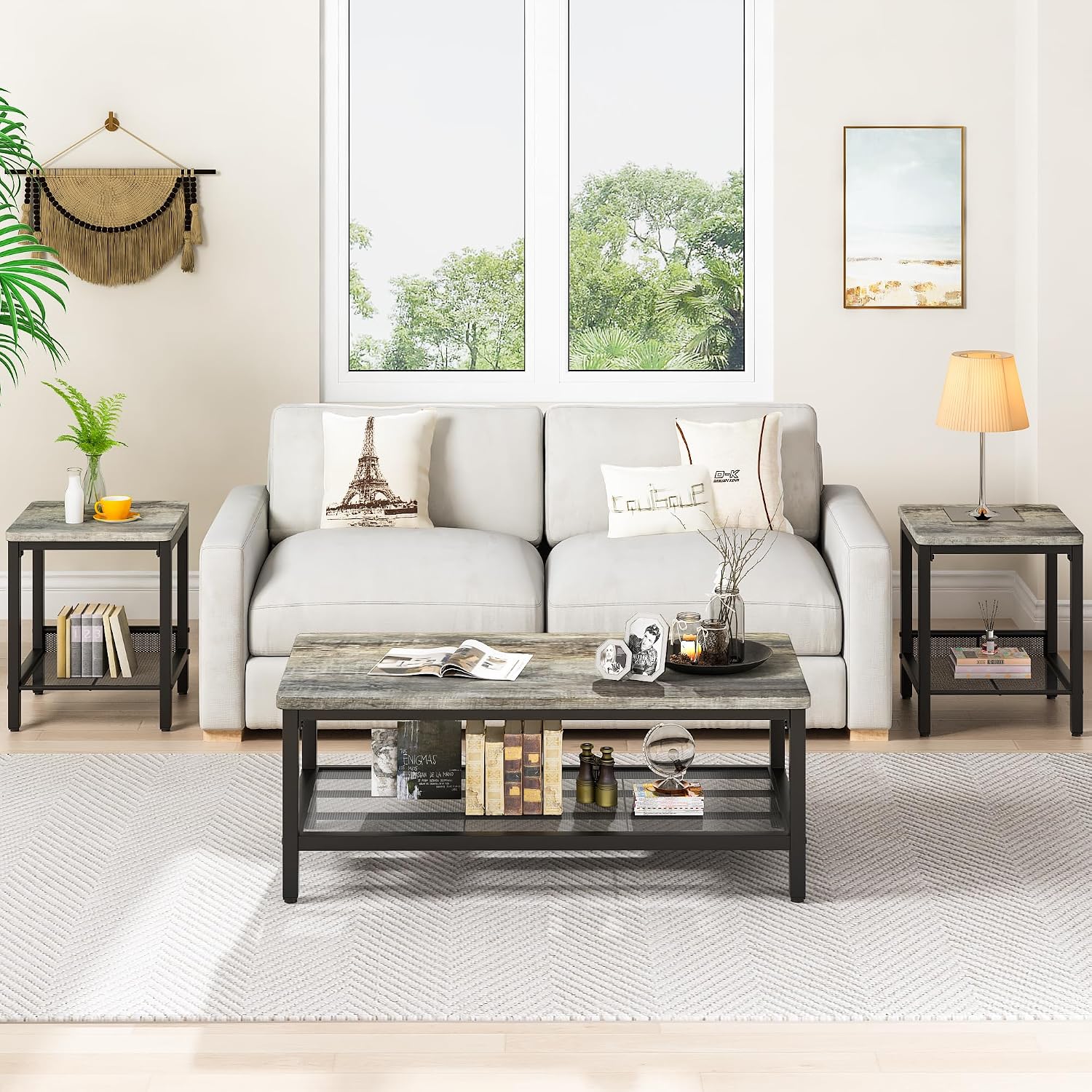 furlinkhm Coffee Table Set of 3, Industrial Coffee Table with 2 Square End Side Tables, Modern Living Room Table Set, with Metal Frame, for Apartment Home Office, Grey