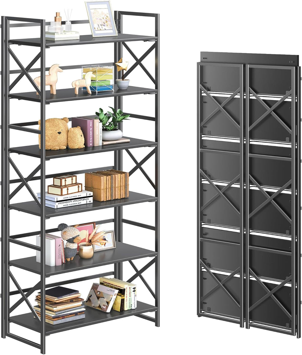 4NM 6 Tiers No Assembly Book Shelves, 61.8' H Folding Bookshelf Bookcase Open Industrial Foldable Shelves for Bedroom, Living Room, Home Office - All Black